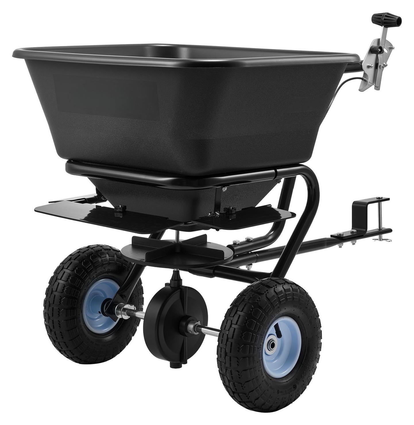 VEVOR Tow Behind Lawn Spreader, 3m Spreading Width, Garden & Lawn Spreader with Universal Hitch, 38.6kg Capacity & 10 in All-Terrain Tires, Seed Fertilizer Broadcast Spreader for ATVs UTVs 2034