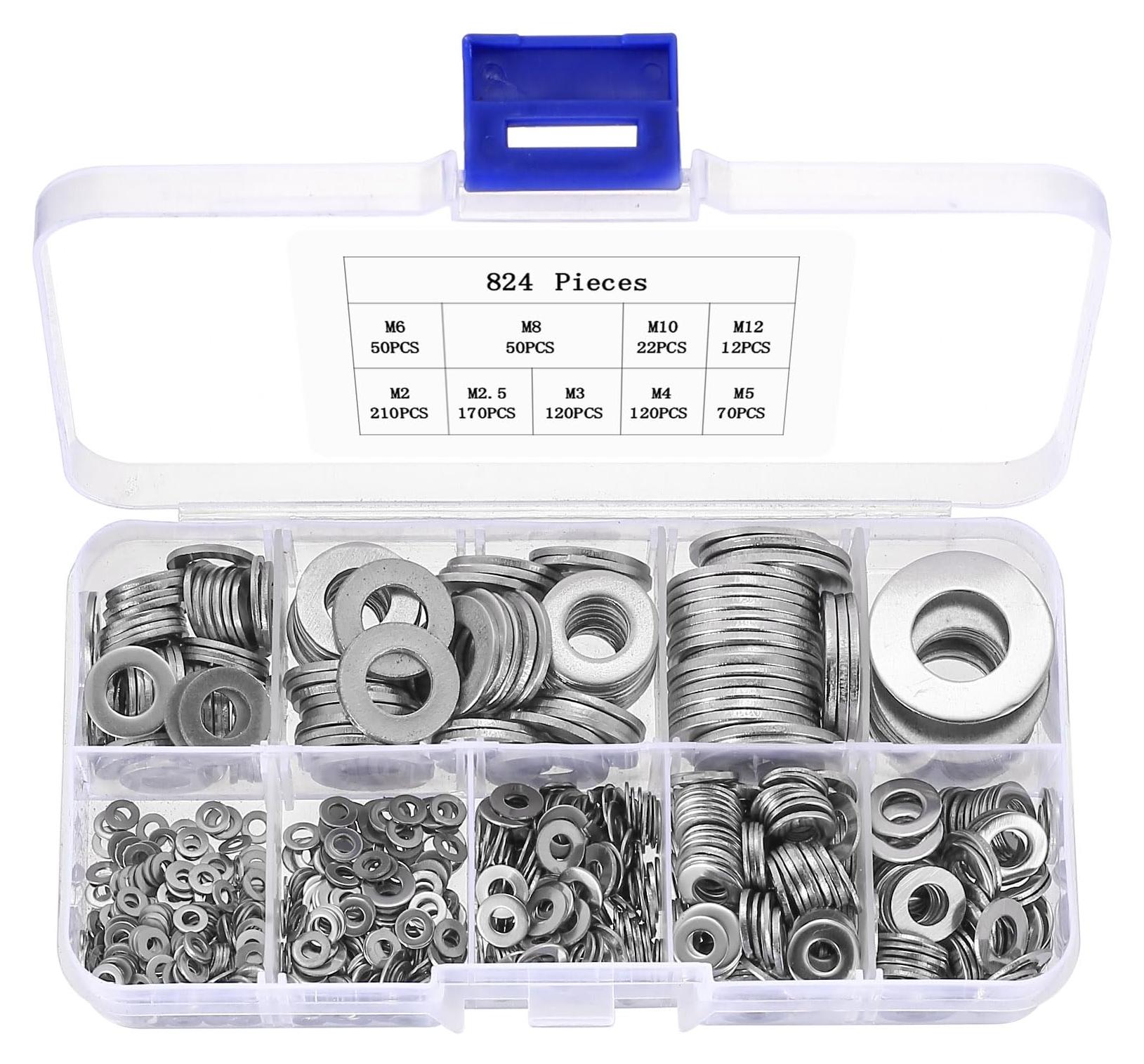 Markenlos Unterlegscheiben-Set, Gehäusescheiben, Edelstahlscheiben, flache Metallscheiben für Schrauben, M2 M2,5 M3 M4 M5 M6 M8 M10 M12, Unterlegscheiben-Set, Sortiment an Federscheiben