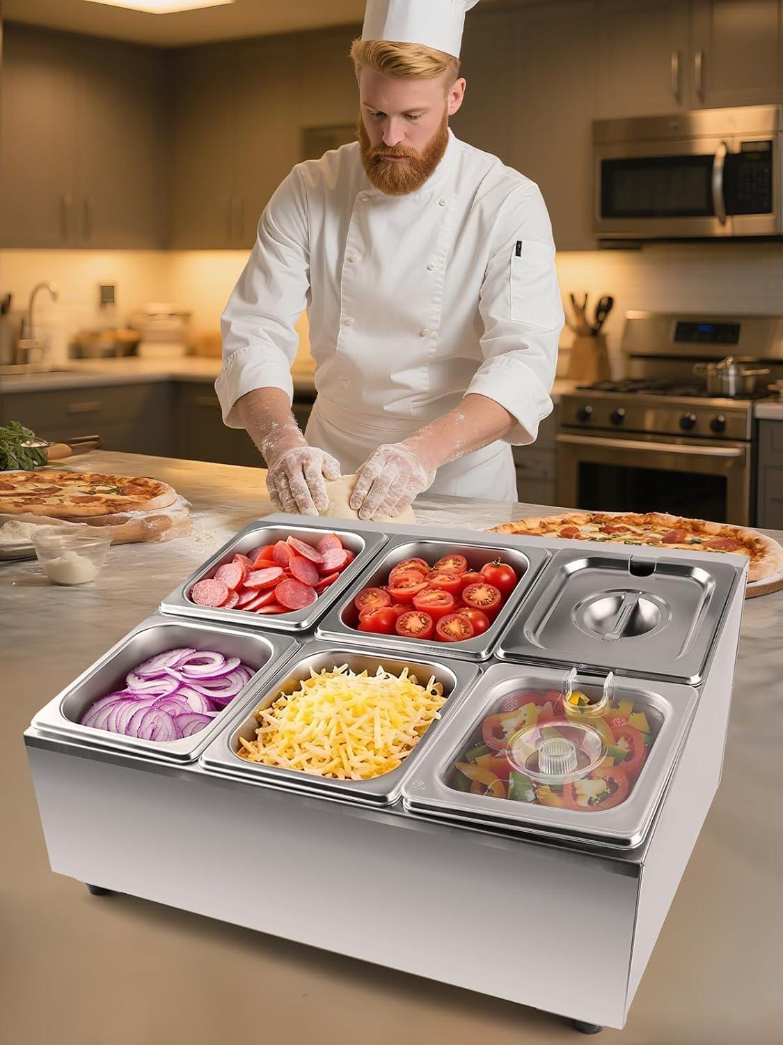 Markenlos Pizza Topping Station mit 6 RVS Pannen und Anrecht Halter - Buffet Containers Set für Küche und Restaurant - Sauce und Marmelade Zutaten Organizer.