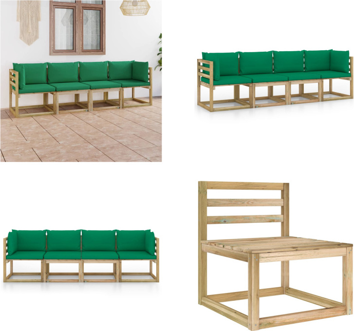 vidaXL Záhradná pohovka 4-miestna s vankúšmi v zelenej farbe - Záhradná pohovka - Drevená pohovka - 4-miestna záhradná pohovka