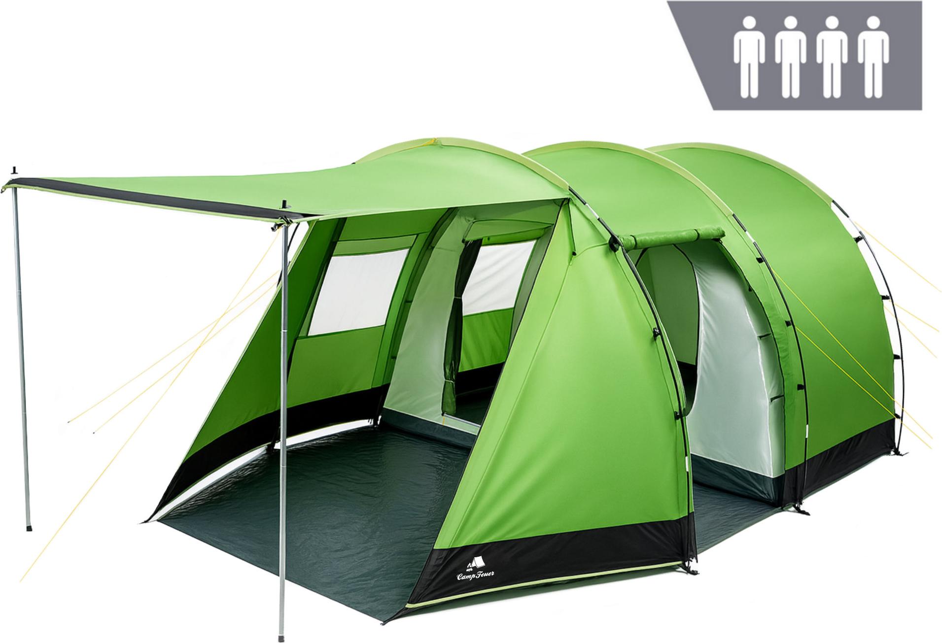 CampFeuer Zelt Super+ für 4 Personen, Grün / Schwarz, XXL Tunnelzelt mit 2 Eingängen und Vordach
