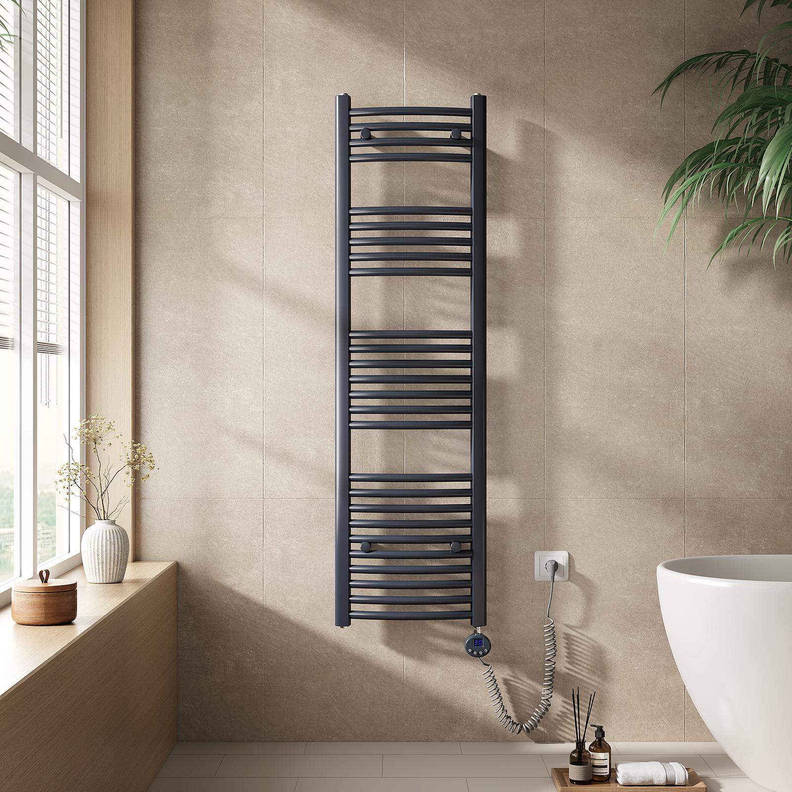 EMKE Elektrický kúpeľňový radiátor Uterákový radiátor zakrivený 500w Wifi ovládanie Inteligentný termostat 140X40cm Antracitový ohrievač uterákov