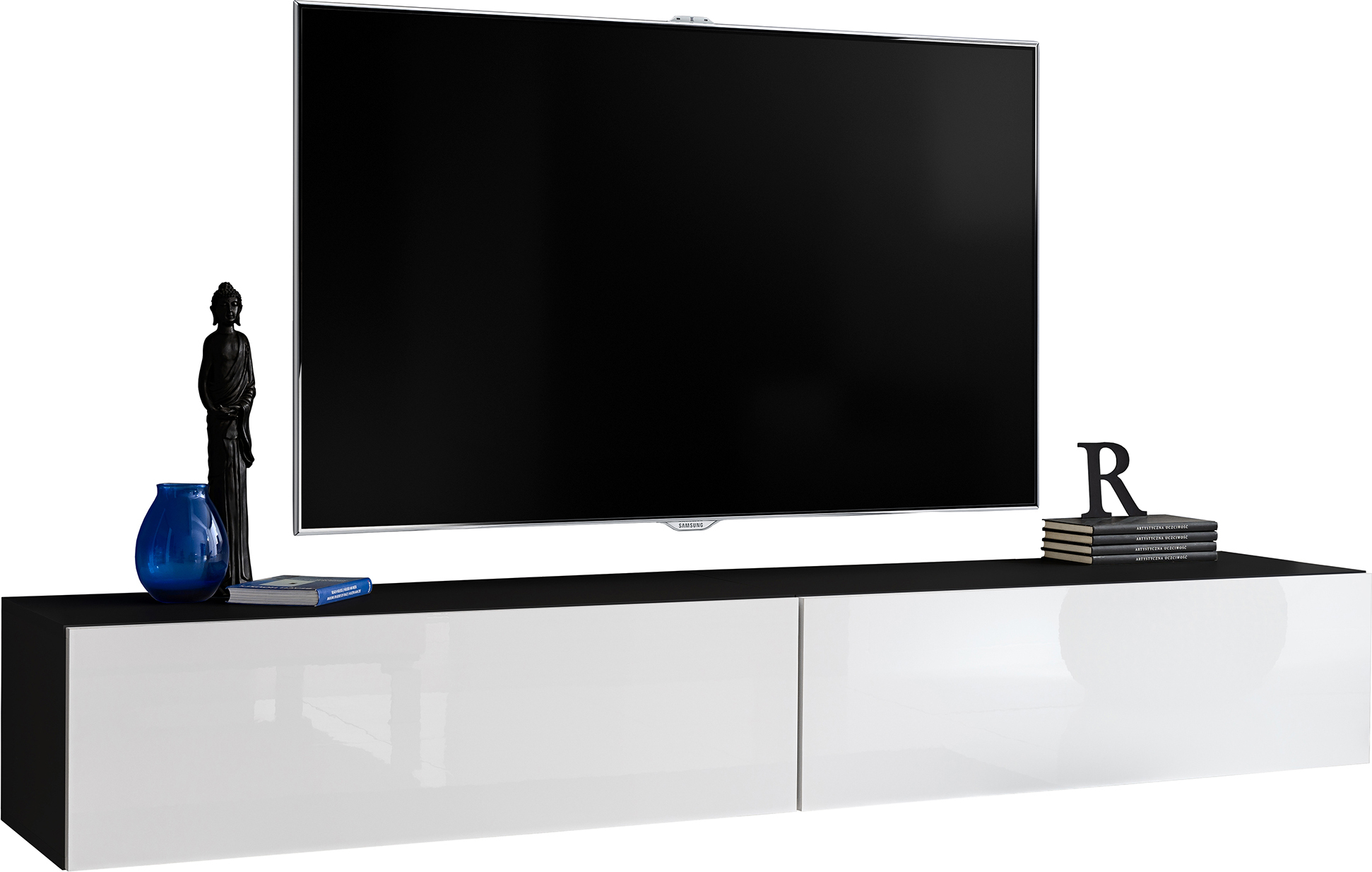 Extreme Furniture Komodee | TV-Bank Loreto Zwei Hängeschränke, Korpus Schwarz Matt Frontfarbe Weiß Hochglanz T34-200cm - Black/White