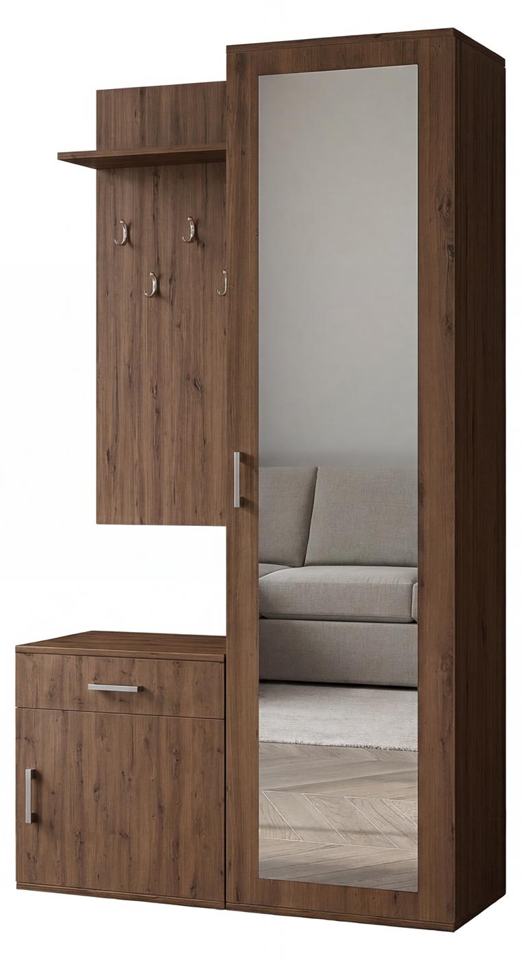 MargaretHadas24 Margaret Hadas24 Garderobe PATRICIA 100 cm mit Spiegel, Flurgarderobe mit Schuhschrank und Schublade, Dielengarderobe, Garderobenset (Nuss Warmia)
