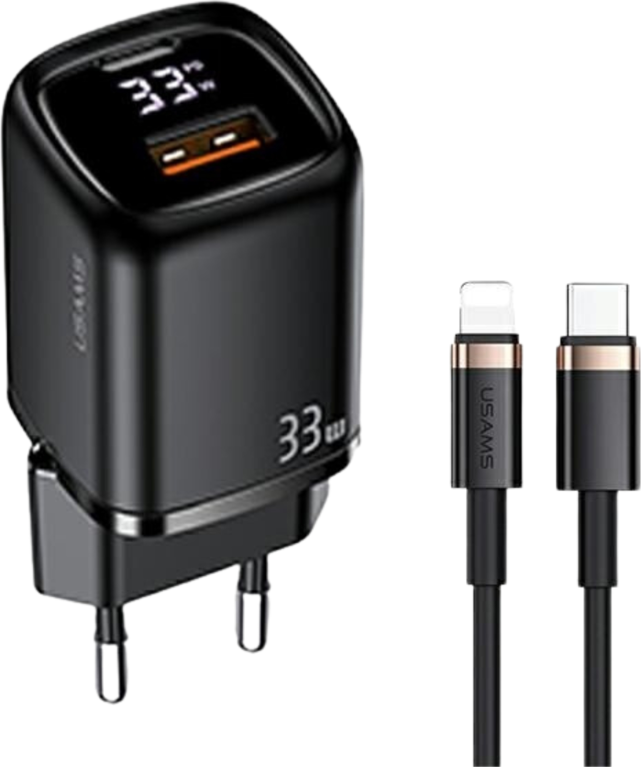 Usams Ład. Siec. 1Xusb-C+1Xusb T46 33W Pd3.0 +Qc3.0 Fast Charging +Kabel U63 Usb-C/Lightning Czarny/Black Udtz01