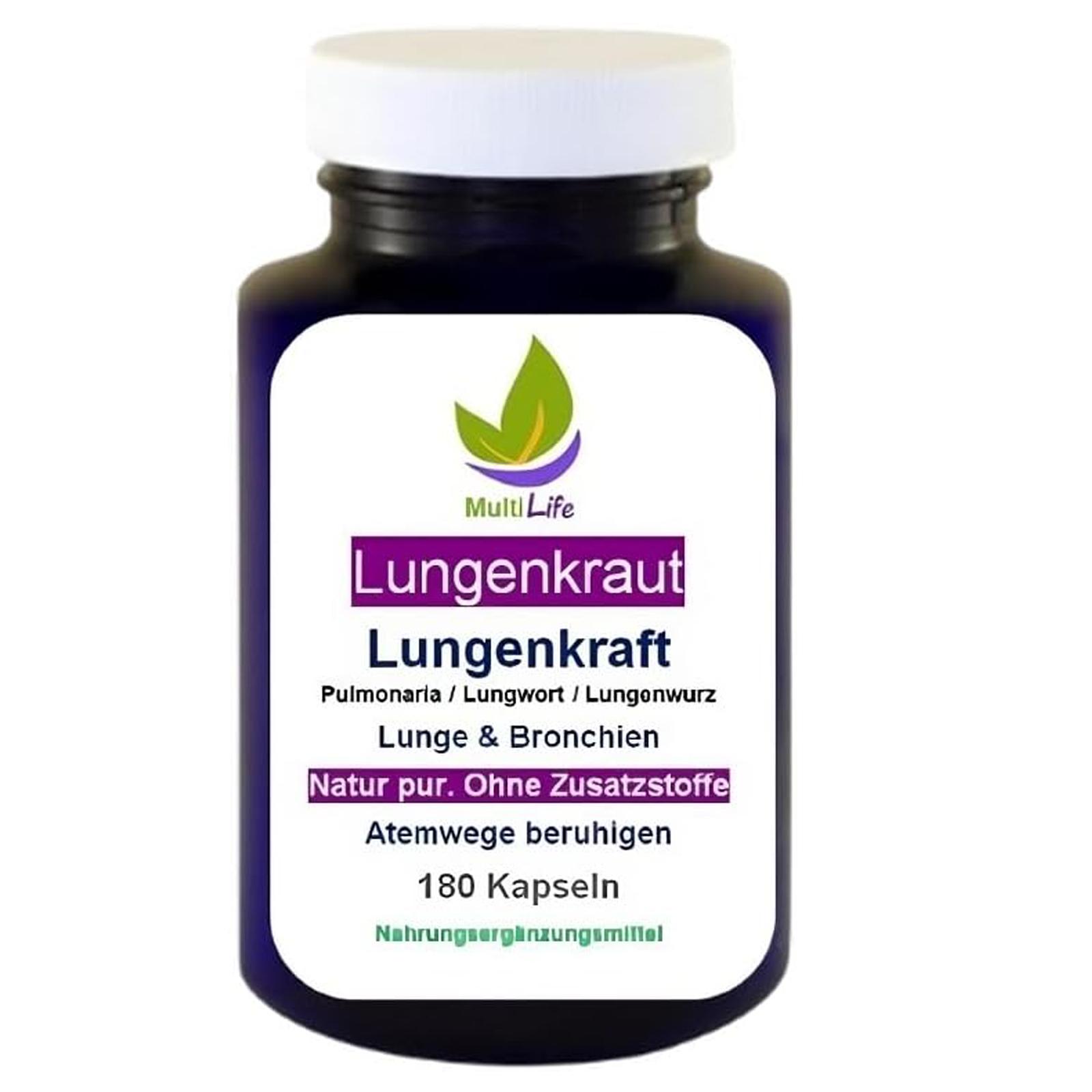 MultiLife Lungenkraut 180 Kapseln LUNGENPOWER Lungenkraft Pulmonaria Lungenwurz Atem Komplex - Lungenreinigung - Lunge & Atemwege - OHNE Zusatzstoffe. 27380-180