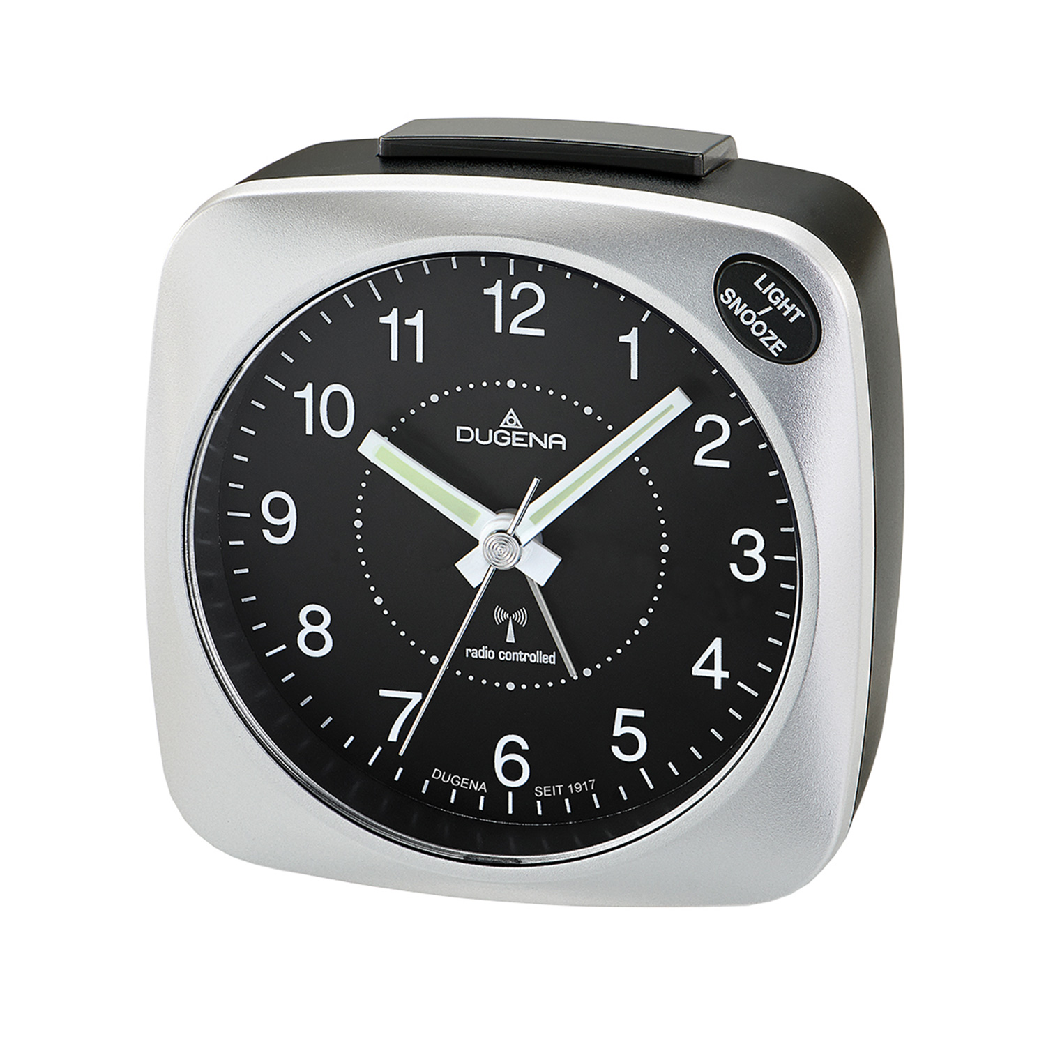 Rádiom riadený budík DUGENA 4460606, rádiový signál pre SEČ/ SEČ, s budíkom, opakovačom budíka, LED osvetlenie ciferníka, rozmery 8 x 8 x 4,1 cm