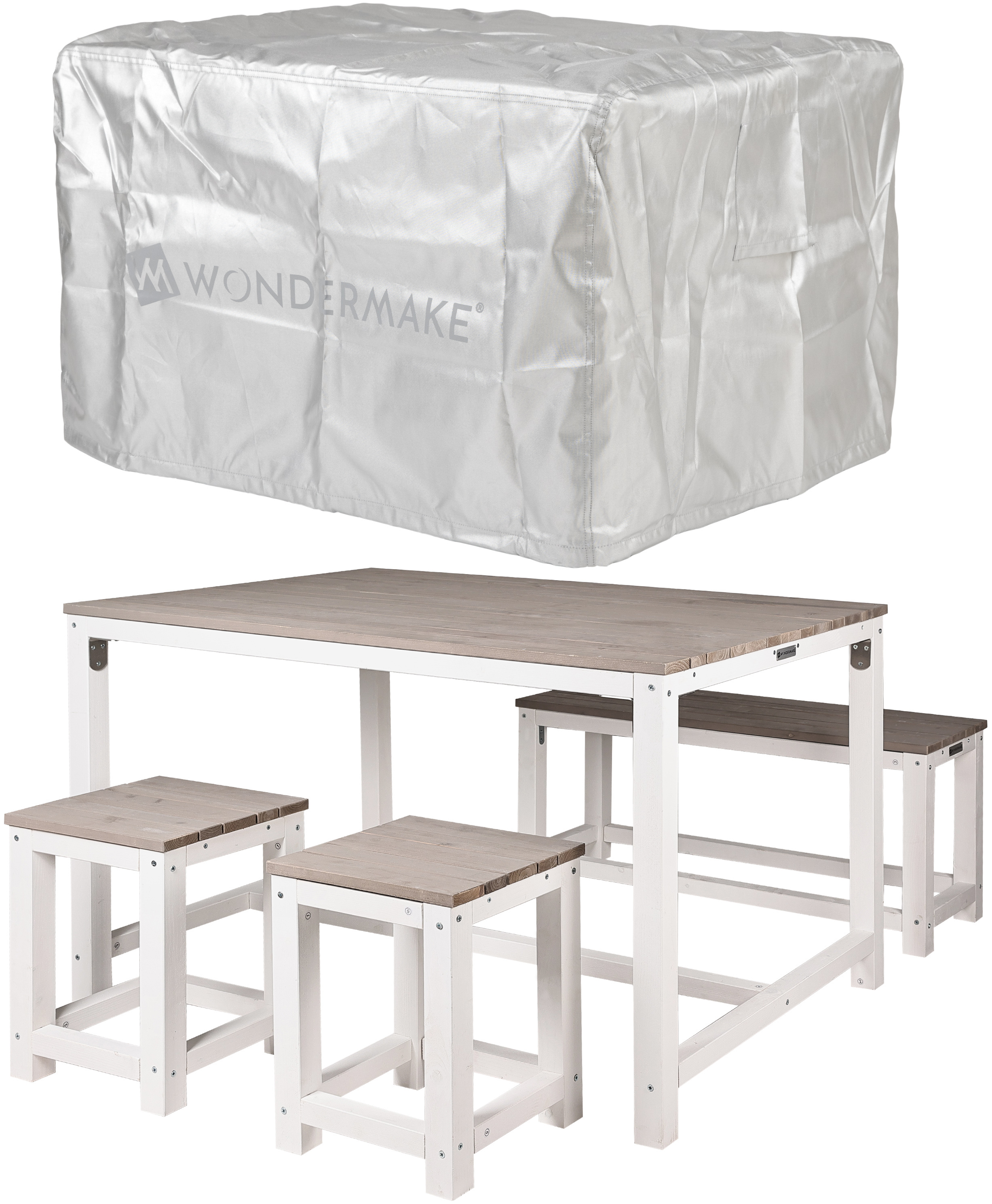 WONDERMAKE® Sedacia súprava drevená vonkajšia záhradná balkónová 4 osoby, jedálenská súprava vonkajšia jedálenská súprava, súprava: stôl lavica stolička, biela sivá