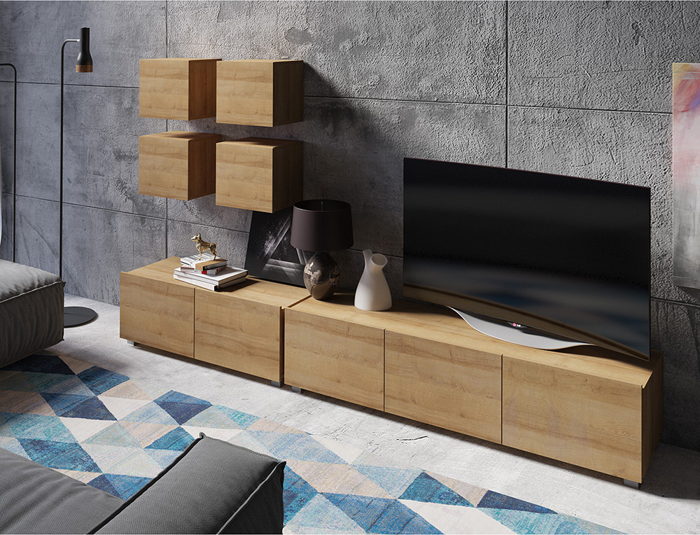 Lomadox Moderne TV Wand in Eiche Gold Nb. CAIRNS-132, B/H/T ca. 250/180/43 cm CAIRNS-132-SET72
