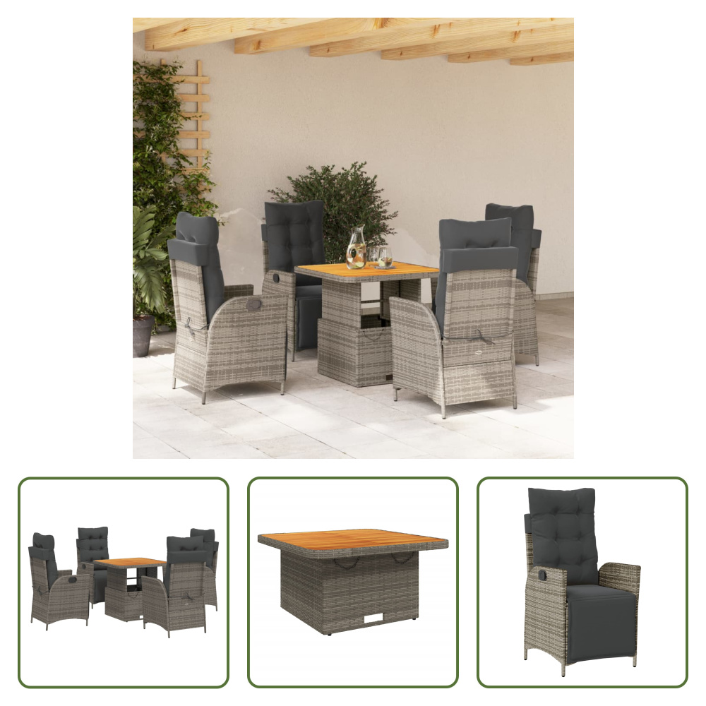 The Living Store 5-dielny záhradný jedálenský set s vankúšmi sivý polyratan