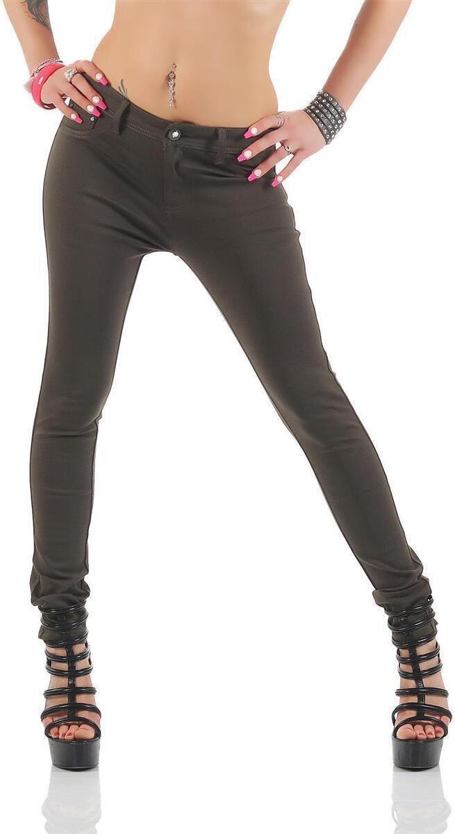 eloModa Damen Jeggings Hüfthose Khaki XL/42 H35-Khaki-XL/42