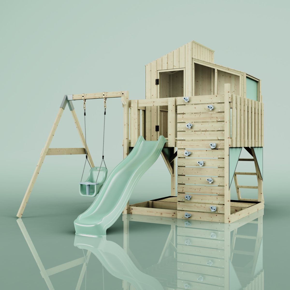 OutdoorToys Spielturm mit Spielhaus inkl. Wellenrutsche, Outdoor Klettergerüst Garten, Kletterwand und Kletterleiter, Ausführung: Babyschaukel, Farbe: Mintgrün, mit Babyschaukel O4.5.00308.10