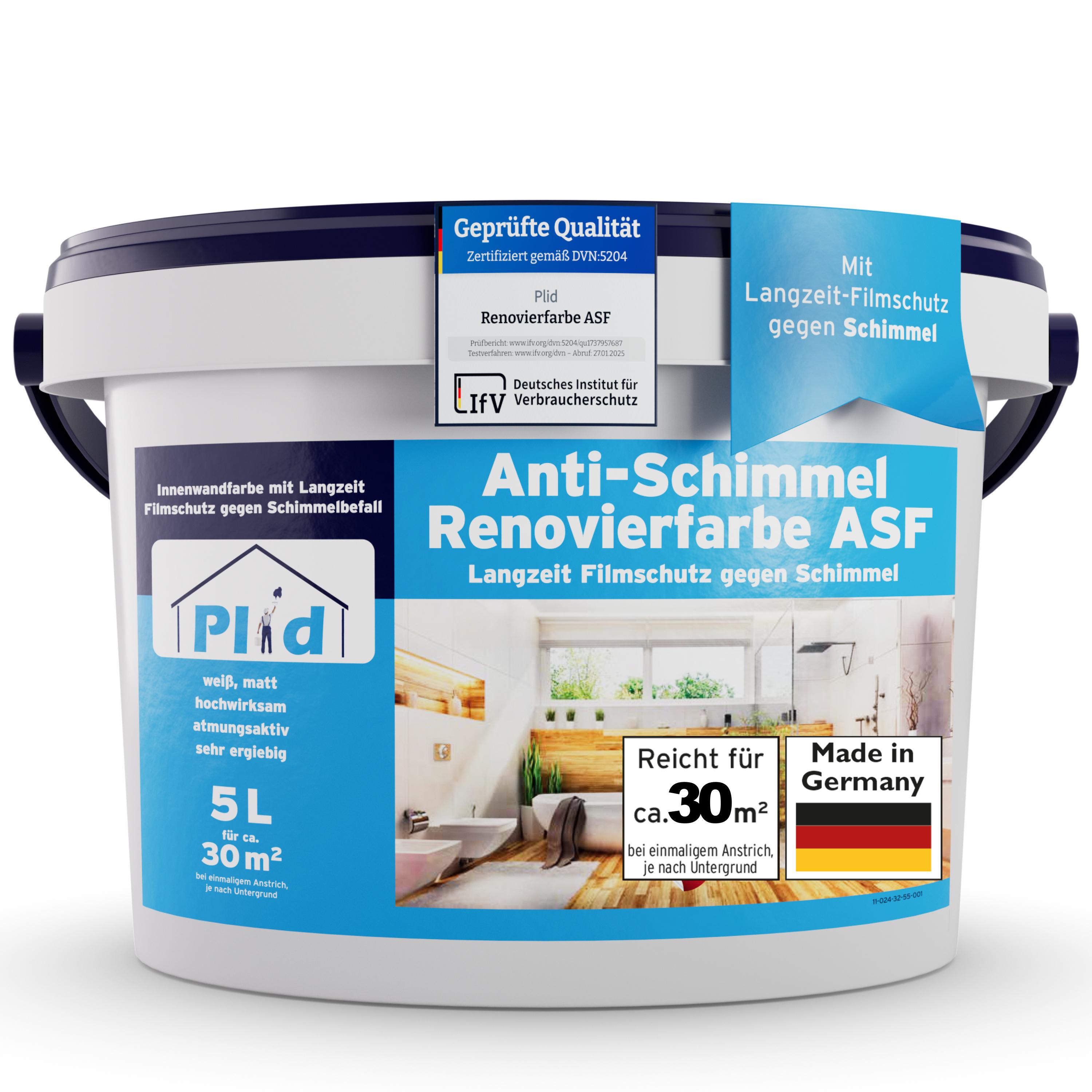 Plid Anti Schimmel Renovierfarbe 5L für ca. 30m² - [DAUERHAFTER SCHIMMELSCHUTZ] Weiße Antischimmelfarbe für alle Wände - Feuchträume, Bad, Küche