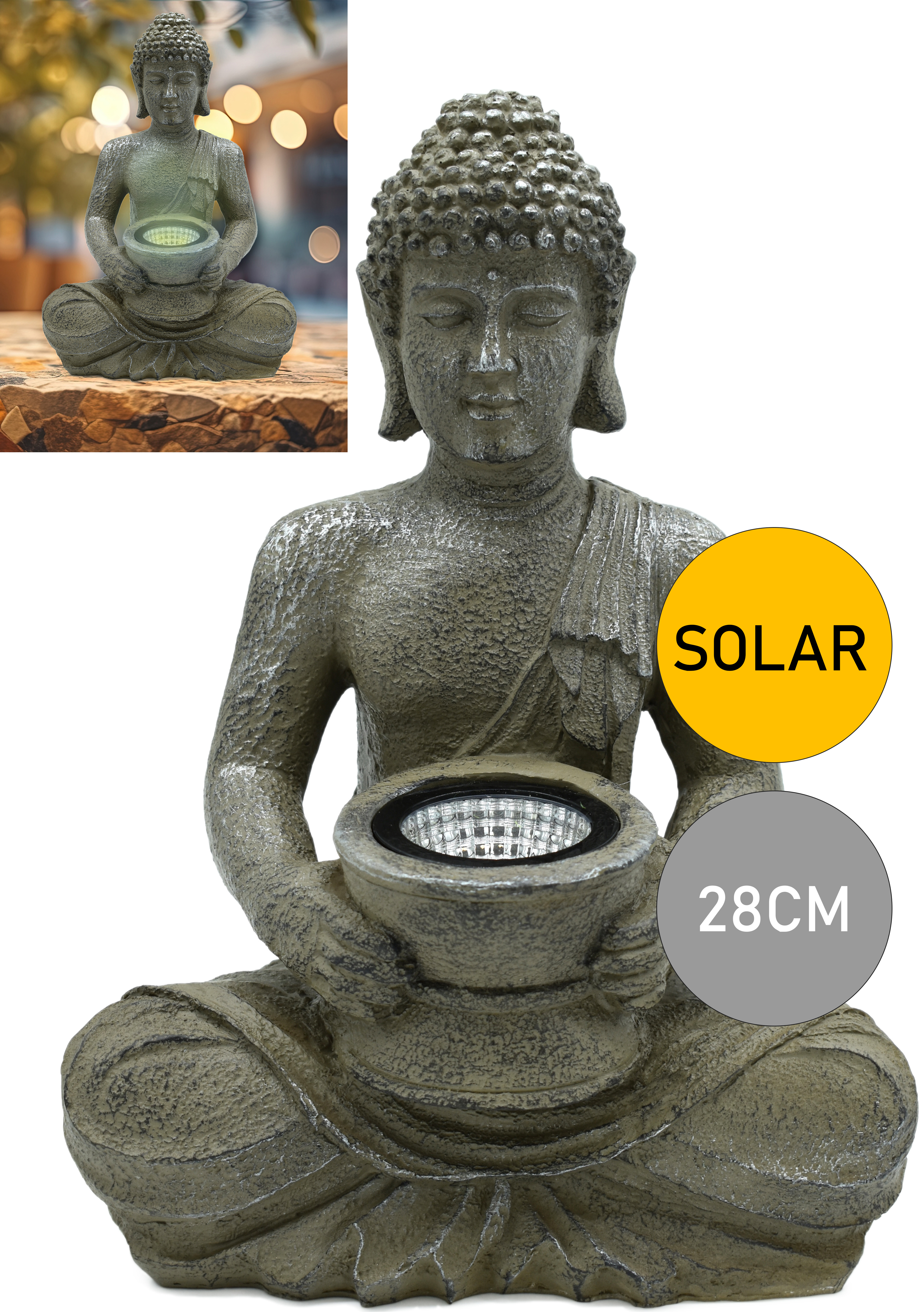 28cm Buddha Figur Garten Solarleuchte Harz