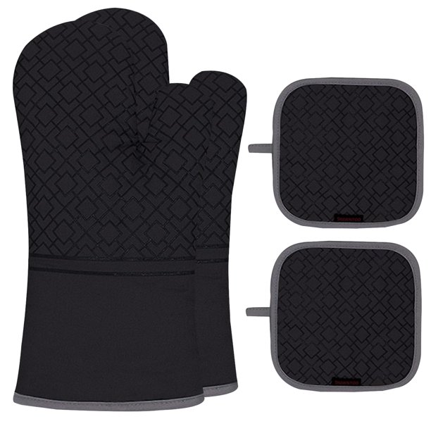 Ofenhandschuhe & Topflappen Set – 4-teilig, Rot Mit Schneeflocken, Für Ofen, Grill, Mikrowelle