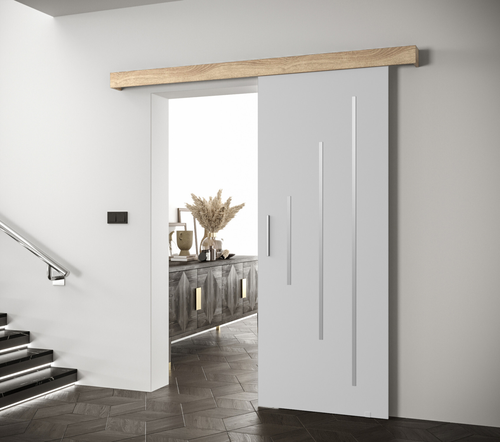 VENETI Schiebetür mit silbernem Griff SALOME 11 – weiß / Eiche Sonoma 064-29-00586
