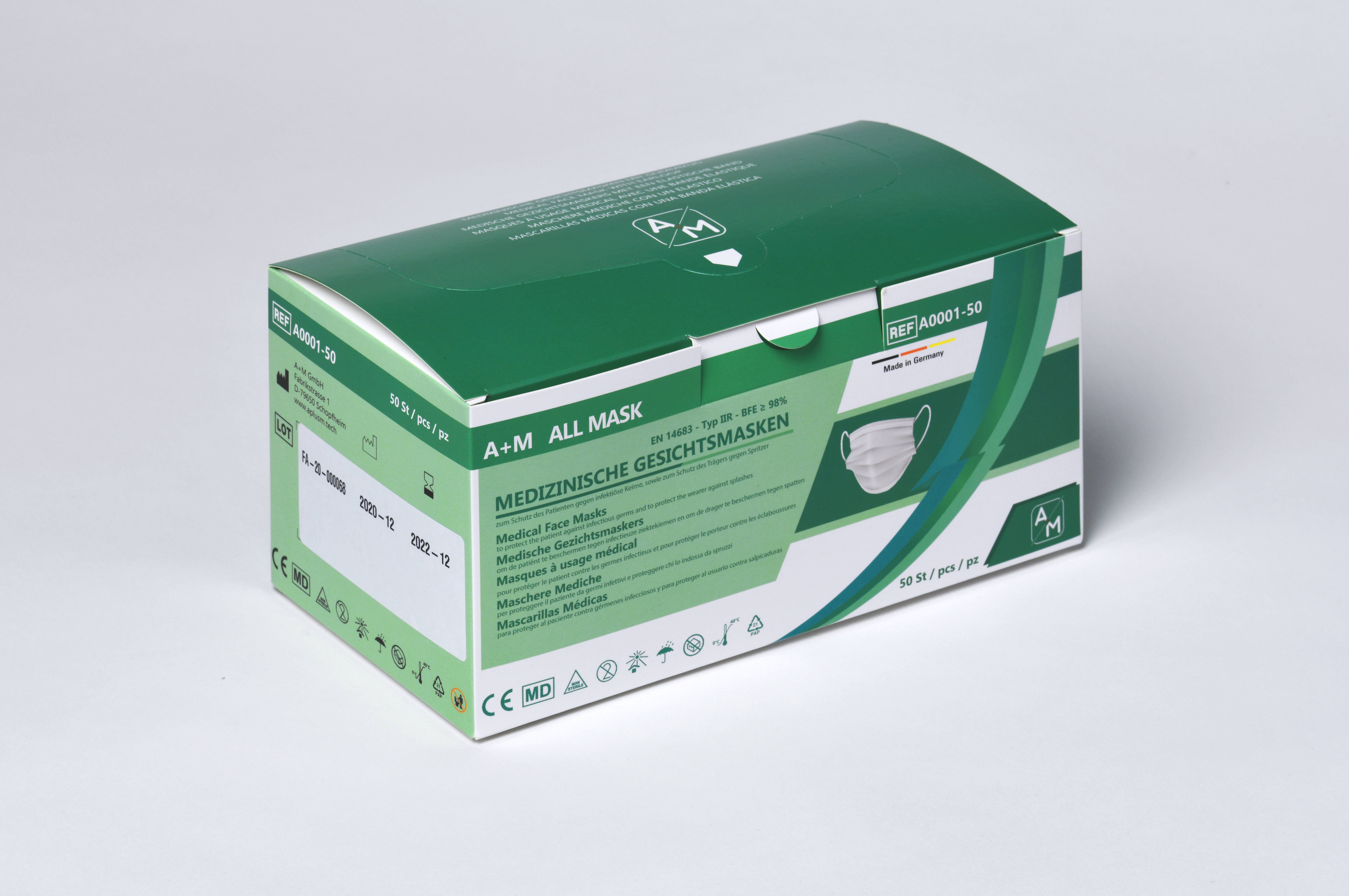 A+M GmbH Medizinische Gesichtsmasken Typ IIR, 50 Stück A0001-50