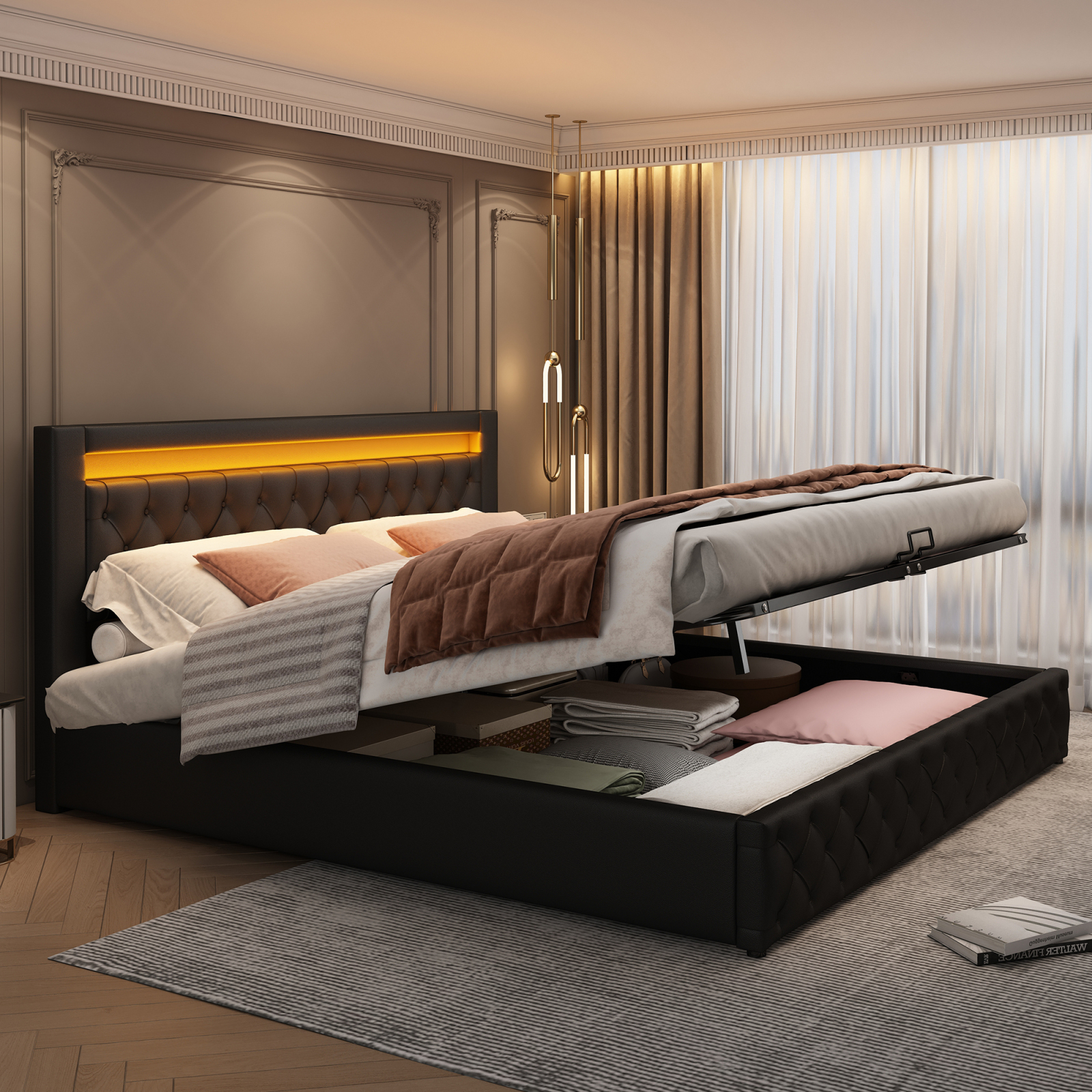 Fortuna Lai Hydraulická posteľ Boxspring 180x200 cm Čalúnená posteľ so zásuvkou a lamelovým rámom, LED osvetlením a funkciou úložného priestoru, úložná funkčná posteľ Manželská posteľ z PU, čierna