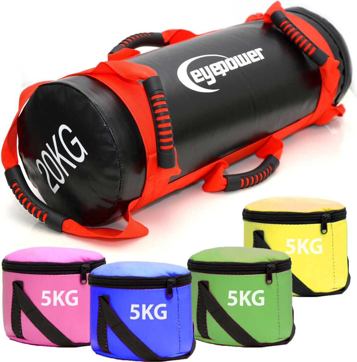 Eyepower 20kg Power Bag + 4 Kettlebell Gewichte - Befüllt mit Eisensand 6 Griffe Fitness 16498