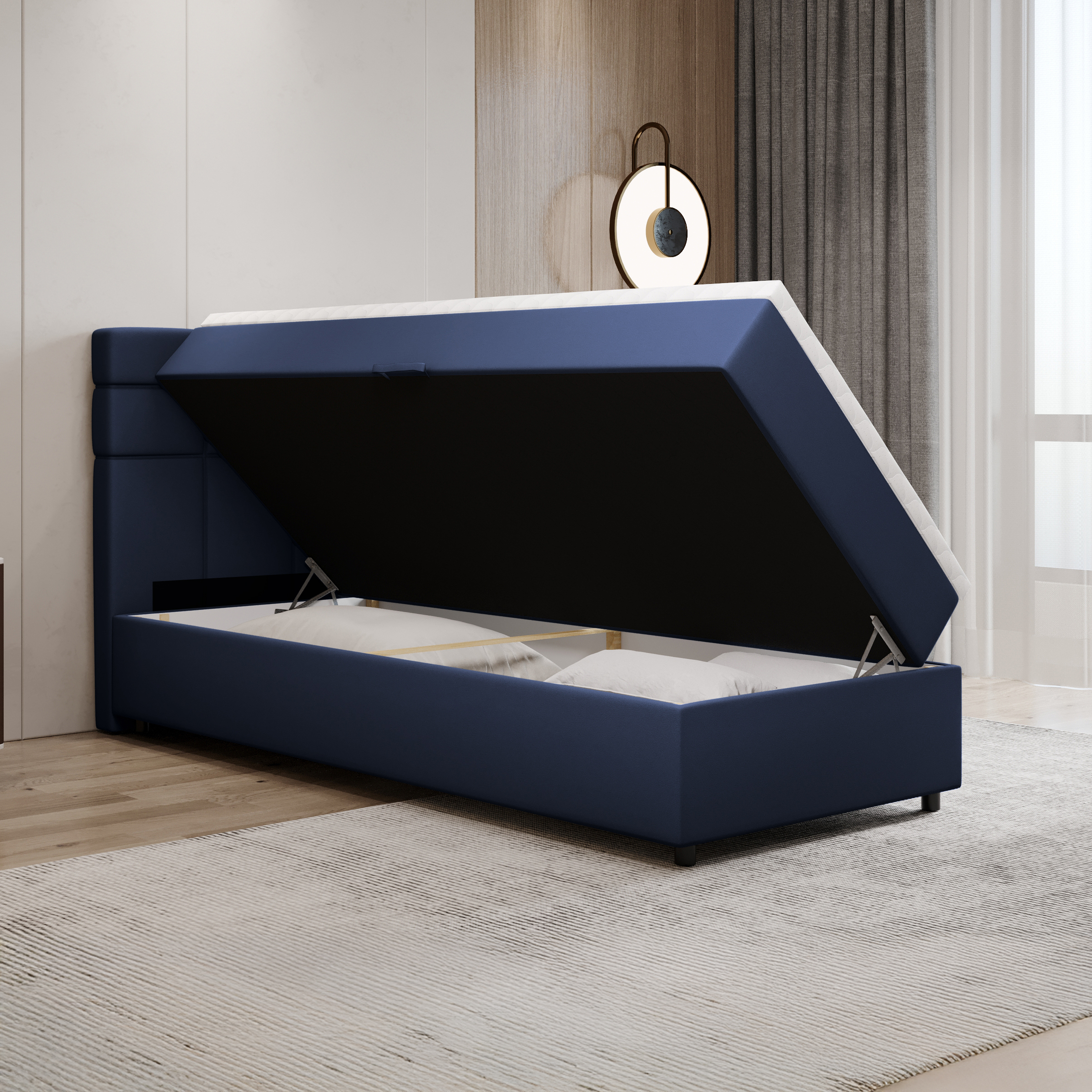 Boxspringbett 90x200, mit Bettkasten, Dunkelblau, Matratze und Topper, Einzelbett, REVE, Panda Möbel