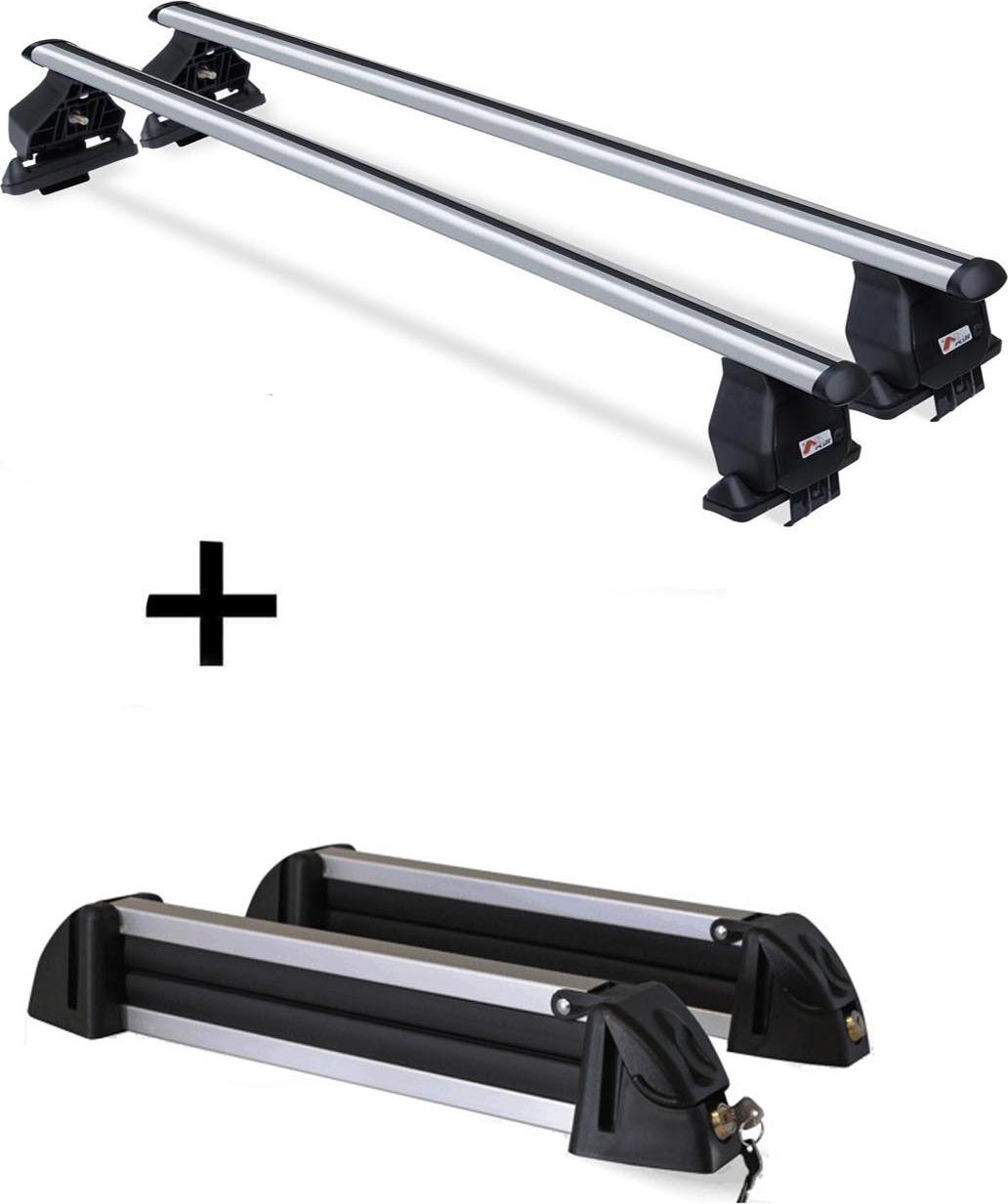 VDP Dachträger Menabo Tema + Skiträger / Snowboardträger / Skihalter Alu 4 Paar Ski kompatibel mit für Nissan Almera (5Türer) 1995-2003 VDP_1099_MENFIX029G_2