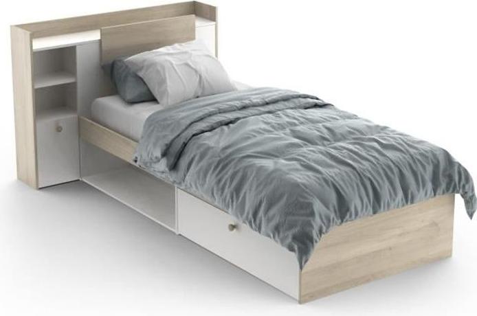 Kinderbett, 90x190/200 cm, Mit Stauraum, Nachbildung Eiche und Weiß, Spanplatte, DEMEYERE, Hergestellt in Frankreich DEM385302