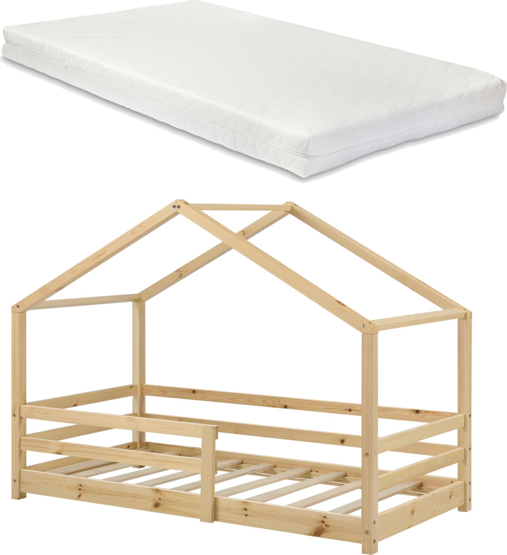Kinderbett mit Matratze und Rausfallschutz 90x200cm Hausbett mit Kaltschaummatratze Bettenhaus mit Lattenrost Kiefernholz Einzelbett Natur Holz [en.casa]