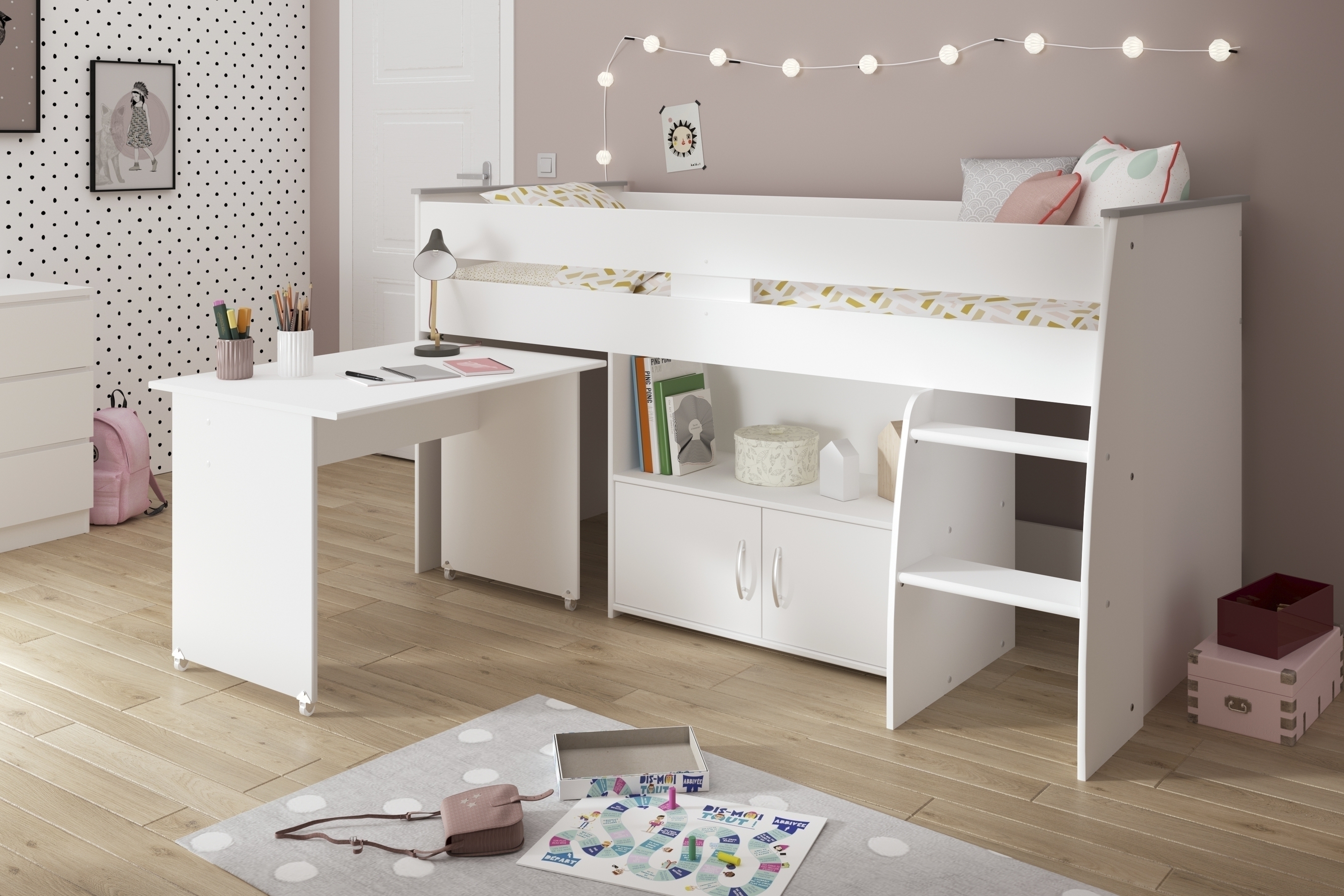 Hochbett >Reverse 1< in Weiss - 204x115x110cm (LxBxH)