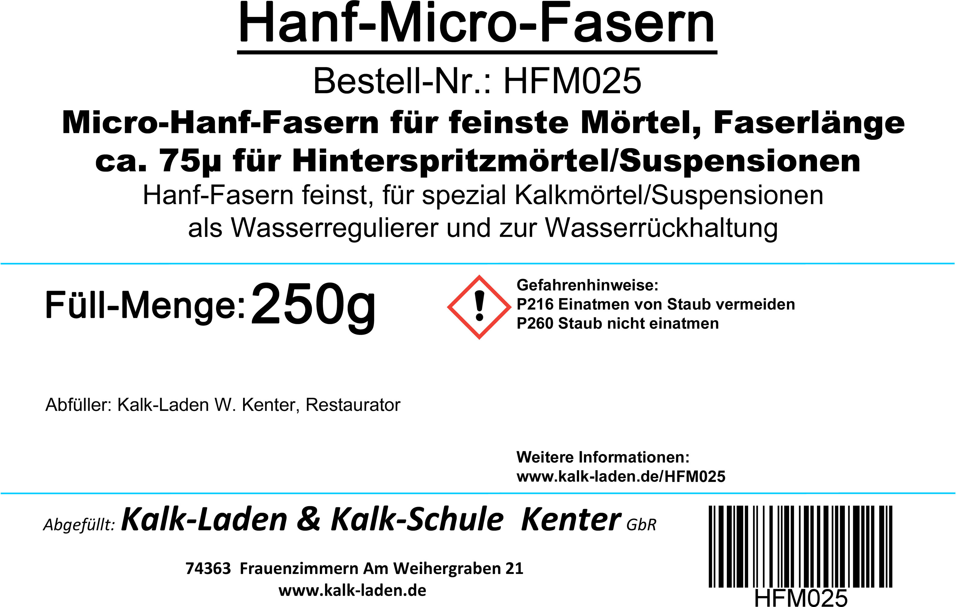 Kalk-Laden Micro-Hanf-Fasern, 250g im Eimer, für Spezial-Kalkmörtel