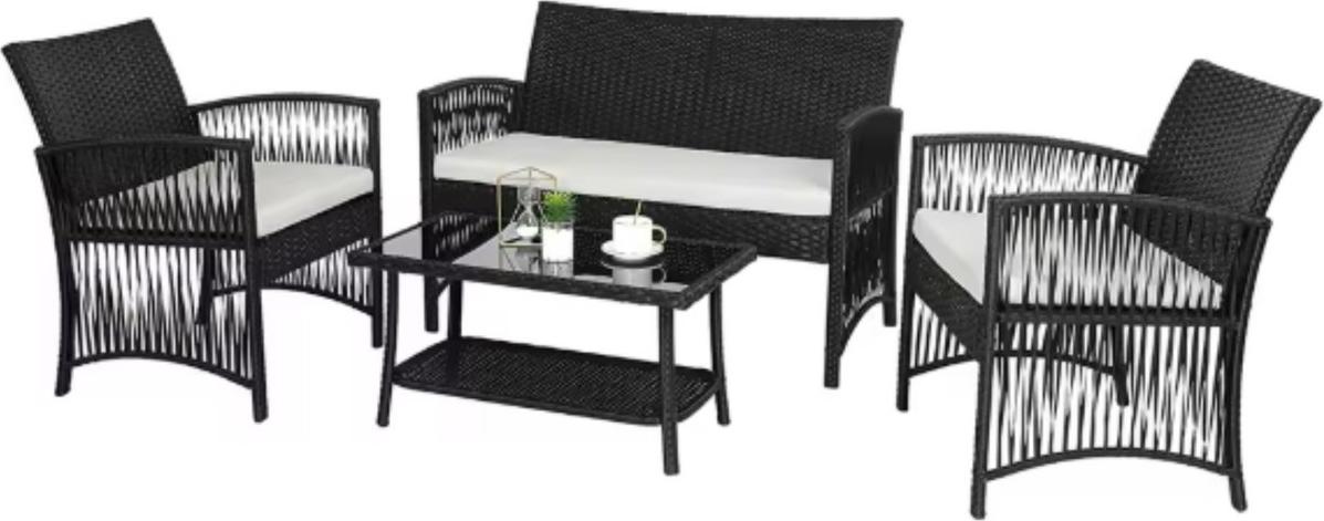 Rotan lounge set 4-dielny - Záhradný nábytok na balkón a terasu - Ratanová sedacia súprava s vankúšmi a skleneným stolíkom - Čierna - PE ratan a oceľ