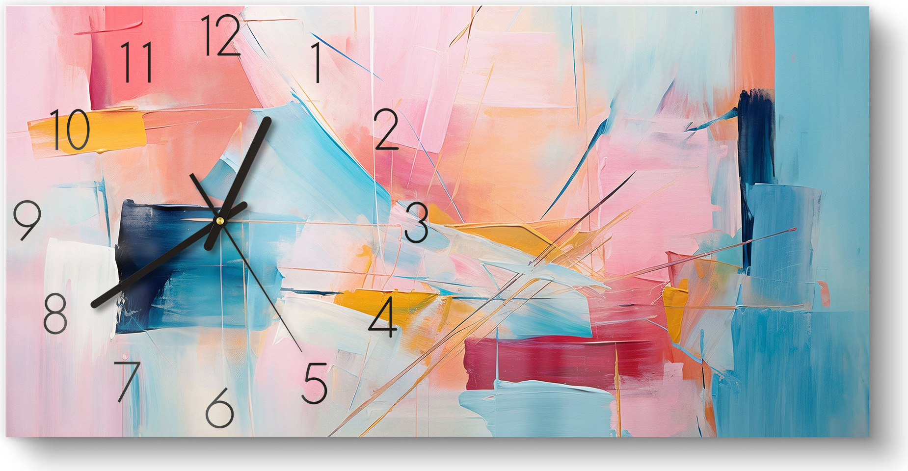 DEQORI Glasuhr 60x30 cm Zahlen 'Choreografie der Farben' Wanduhr Glas Uhr Design leise Küchenuhr WC-60-30-N-3726