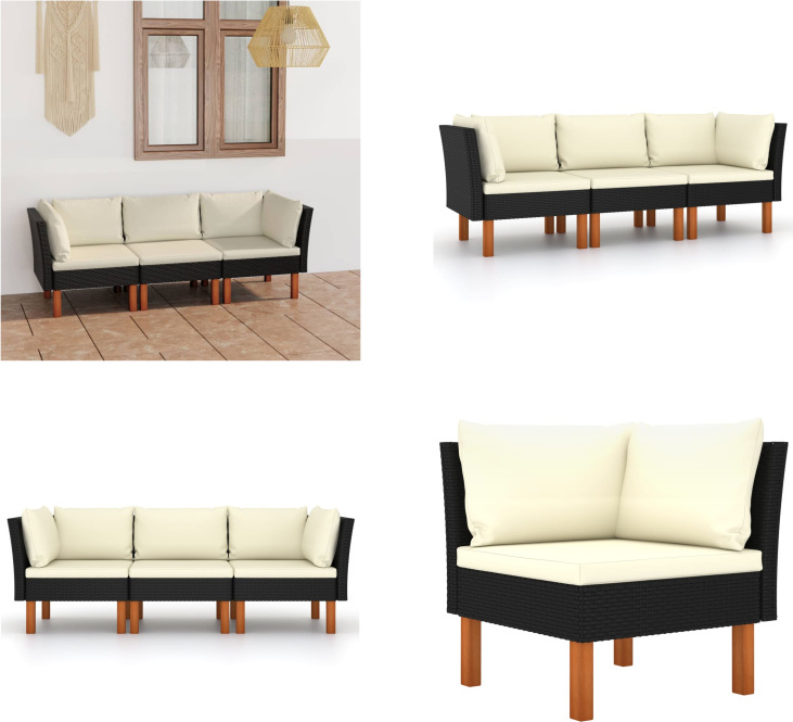 vidaXL 3-miestna záhradná pohovka s vankúšmi z čierneho polyratanu - Záhradná pohovka - Záhradné pohovky - Lounge - Ležadlá