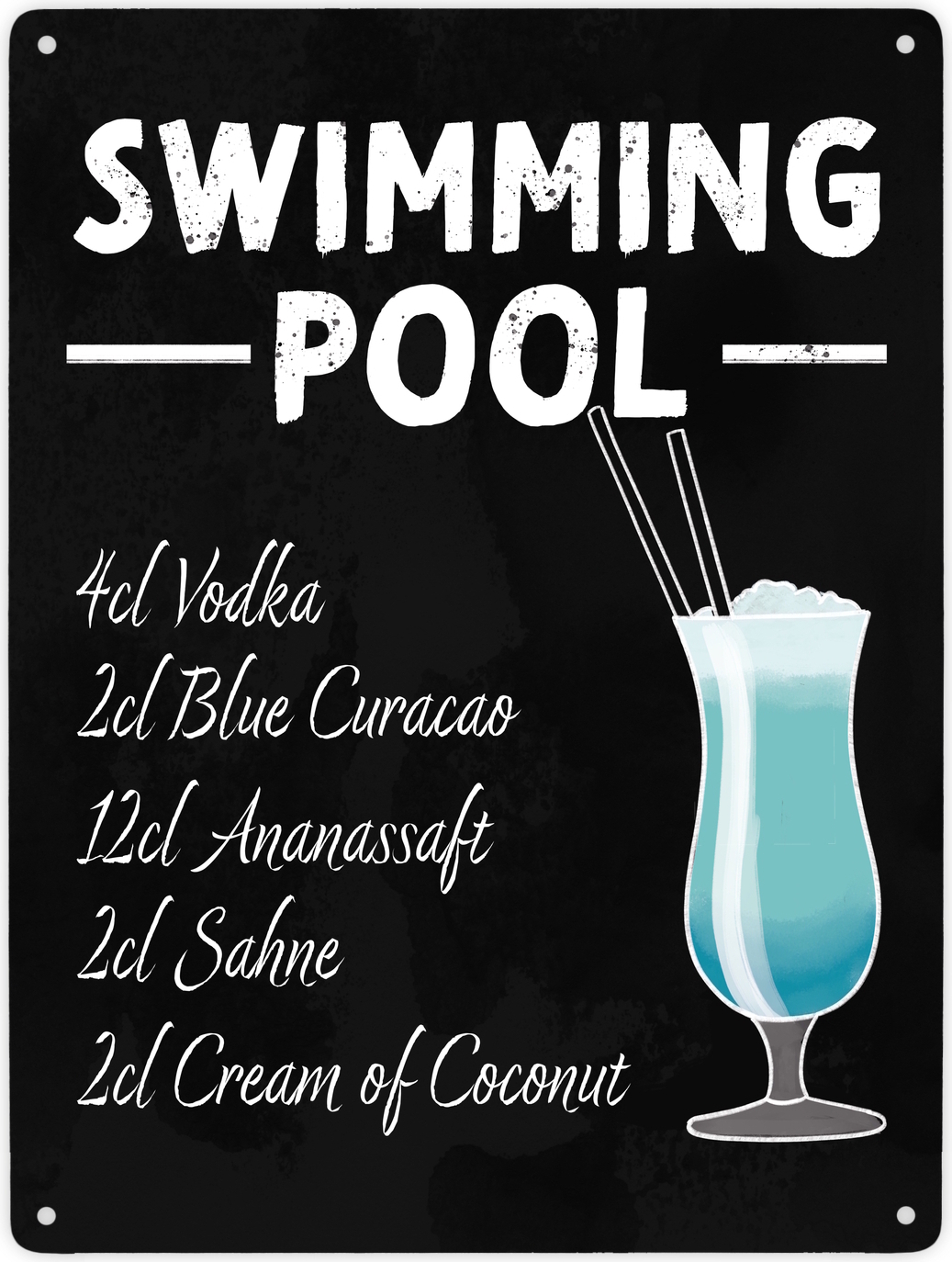 speecheese Metallschild XXL in 28x38 cm mit Cocktailrezept für Swimming Pool