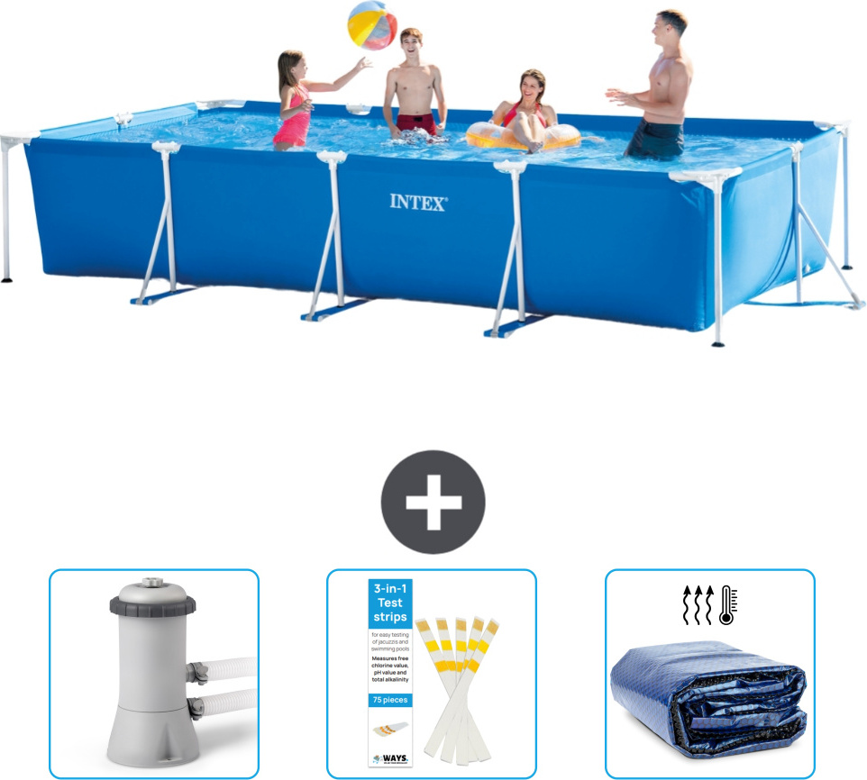 Bazén Intex s obdĺžnikovým rámom - 450 x 220 x 84 cm - Modrý - Súčasťou dodávky je filtračné čerpadlo pre bazén - Testovacie prúžky - Slnečná markíza