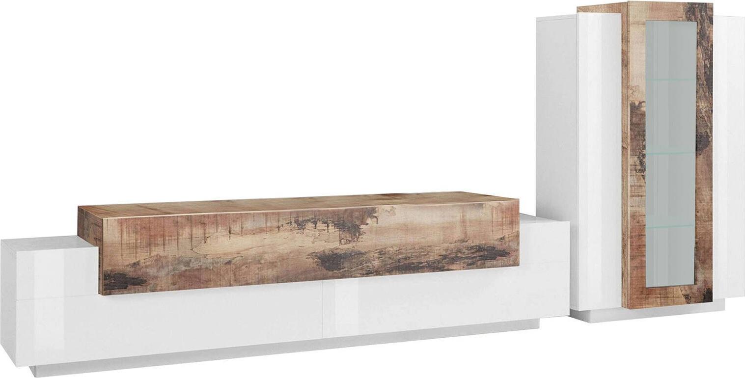 Dmora Wohnzimmermöbel Djazir, TV-Ständer Wohnzimmergarnitur, Mehrzweck-Wohnzimmermöbel, 100% Italy, cm 280x45h121, glänzend weiß und Ahorn