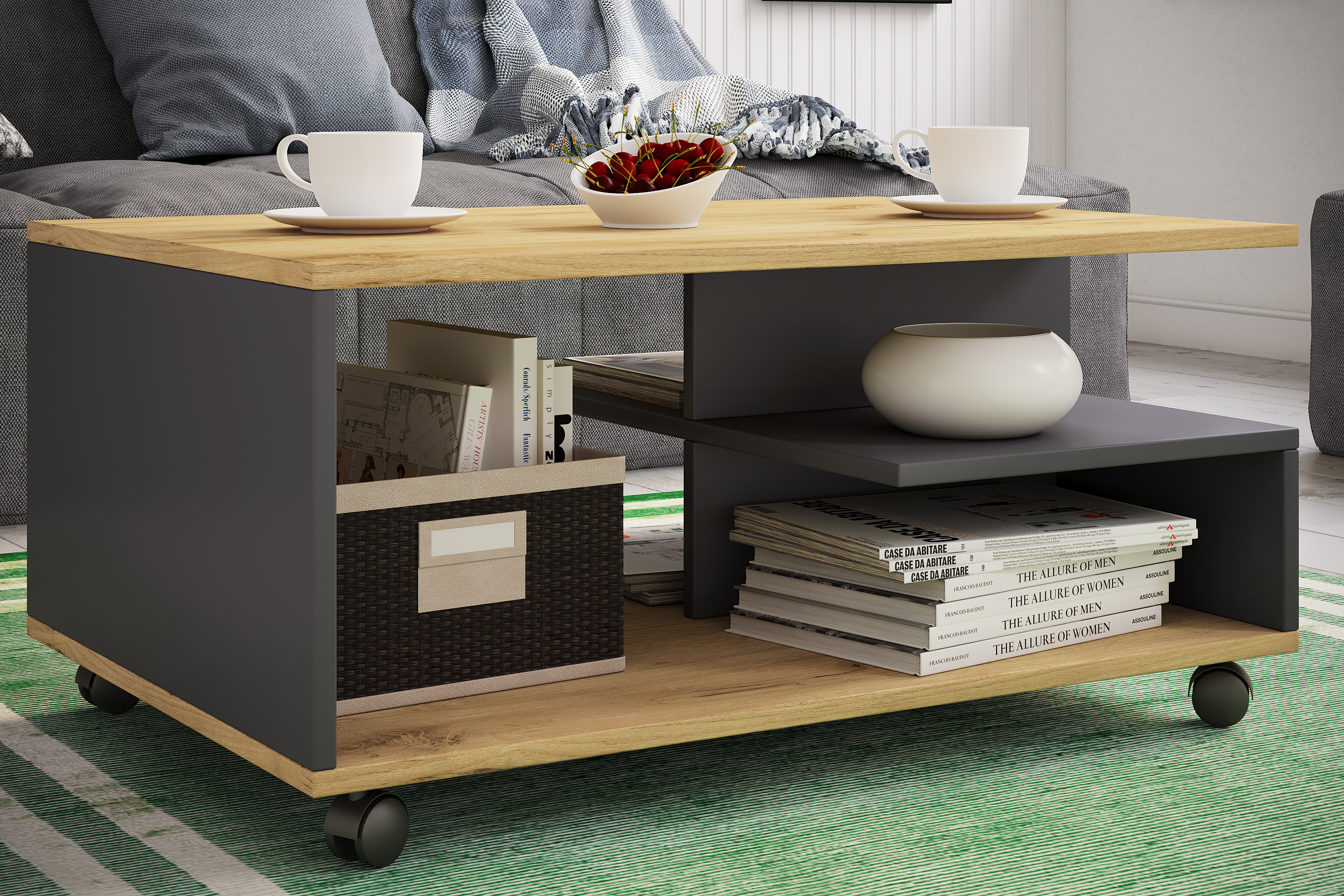 VCM Holz Couchtisch schlicht | Sofatisch Rollen | Maße ca. H. 41 x B. 80 x T. 50 cm | rollbar Kaffeetisch - Stango L 56-919398