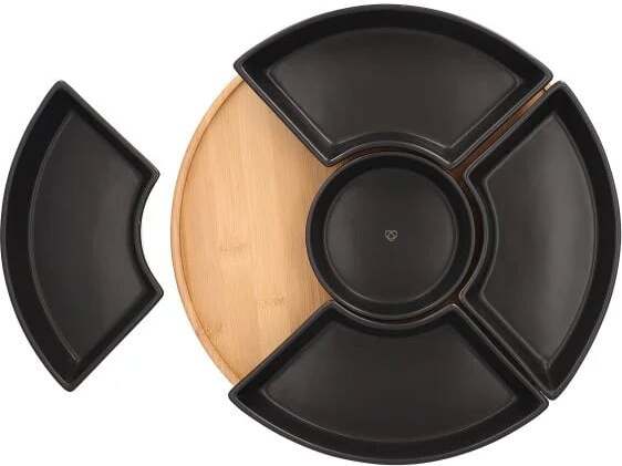HOMLA Fincan Moderne Servierplatte Rund 6-teilig Auffallendes Porzellan und Bambusholz 30cm
