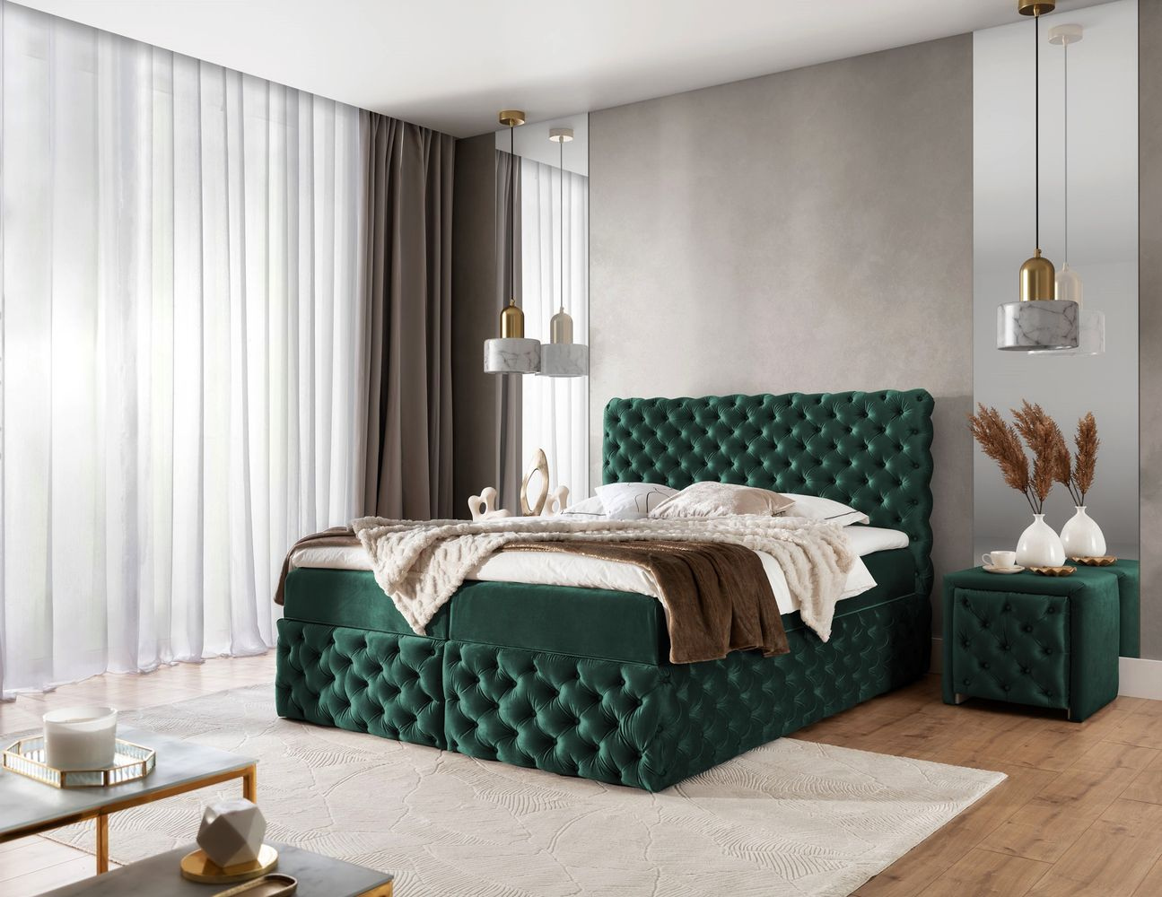 Čalúnená manželská posteľ 140x200 WANEKA - fľaškovo zelená + topper ZDARMA