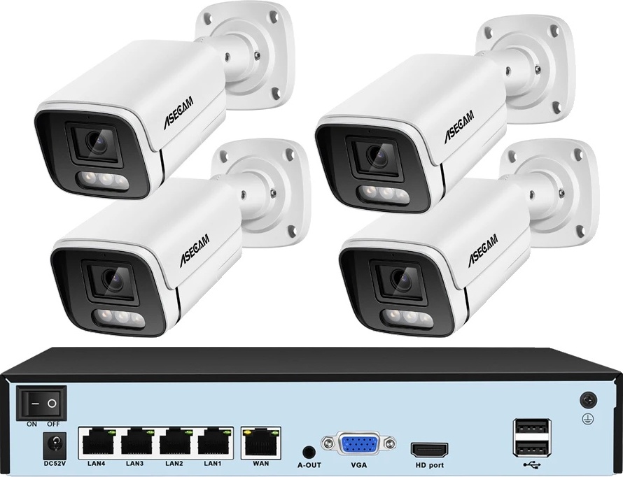 8MP bezpečnostný kamerový systém, detekcia pohybu, vodotesné vyhotovenie IP67, 4CH NVR a 4 kamery, 2T