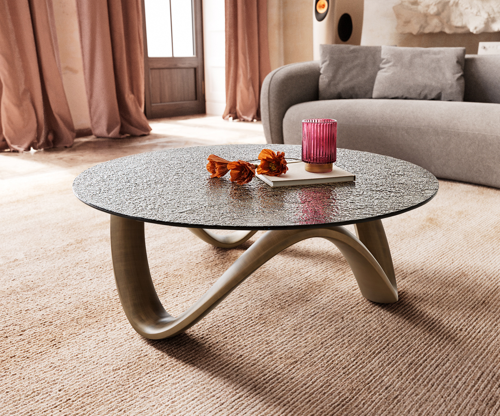 DELIFE Couchtisch Tanju 90x90 cm Metallic Gold mit Reliefglas Taupe