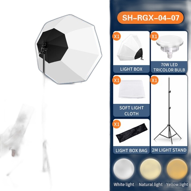 Prenosná sada oktagonálneho softboxu - 70W LED svetlo, zábleskový dáždnik a 2M statív, SH-RGX-04-07