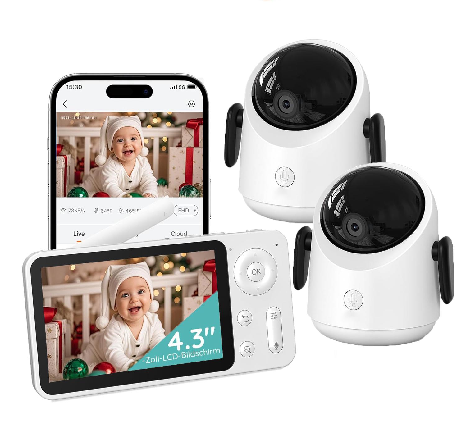 Avylet Babyphone mit 2 Kameras 360° WLAN 2MP Video Babyfon mit App 4×Zoom Bewegungsverfolgung IR Nachtsicht Weinen/Bewegungs/Geräuscherkennung BM0032BKEUBF