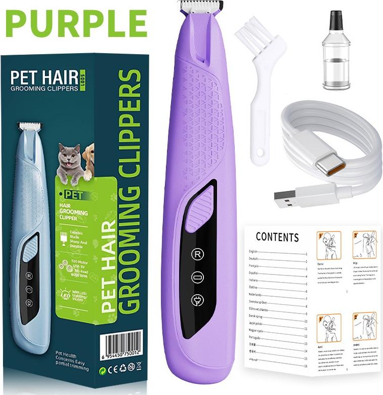 INF Zastrihávač chĺpkov pre domáce zvieratá s LED svetlom, nabíjateľný, viacúčelový Fialová
