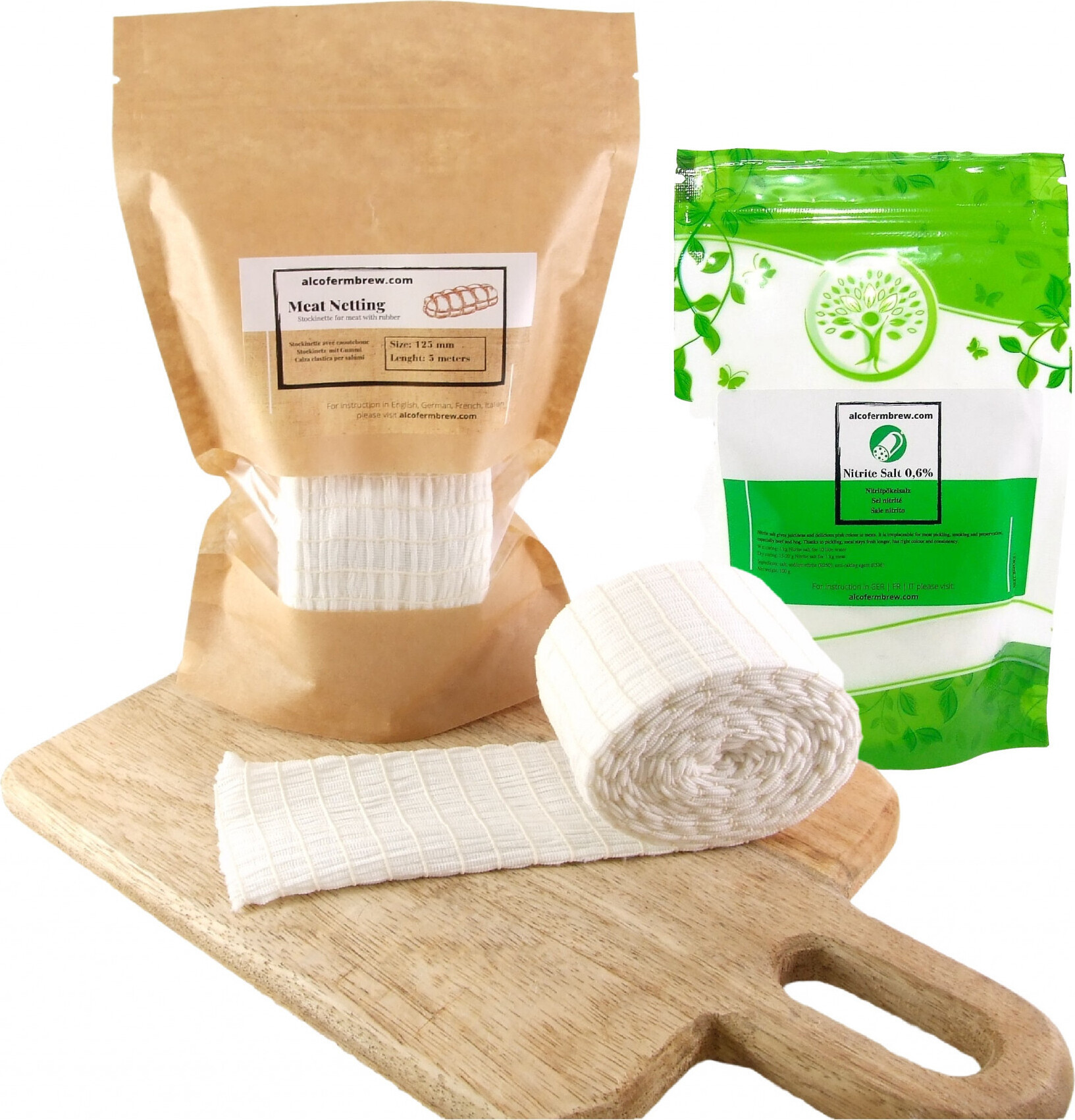 Alcofermbrew Räuchernetz mit Gummi 125mm / 5mts + Pökelsalz 0.6% 100g - Schinkennetz, Räuchernetz, Nitritsalz