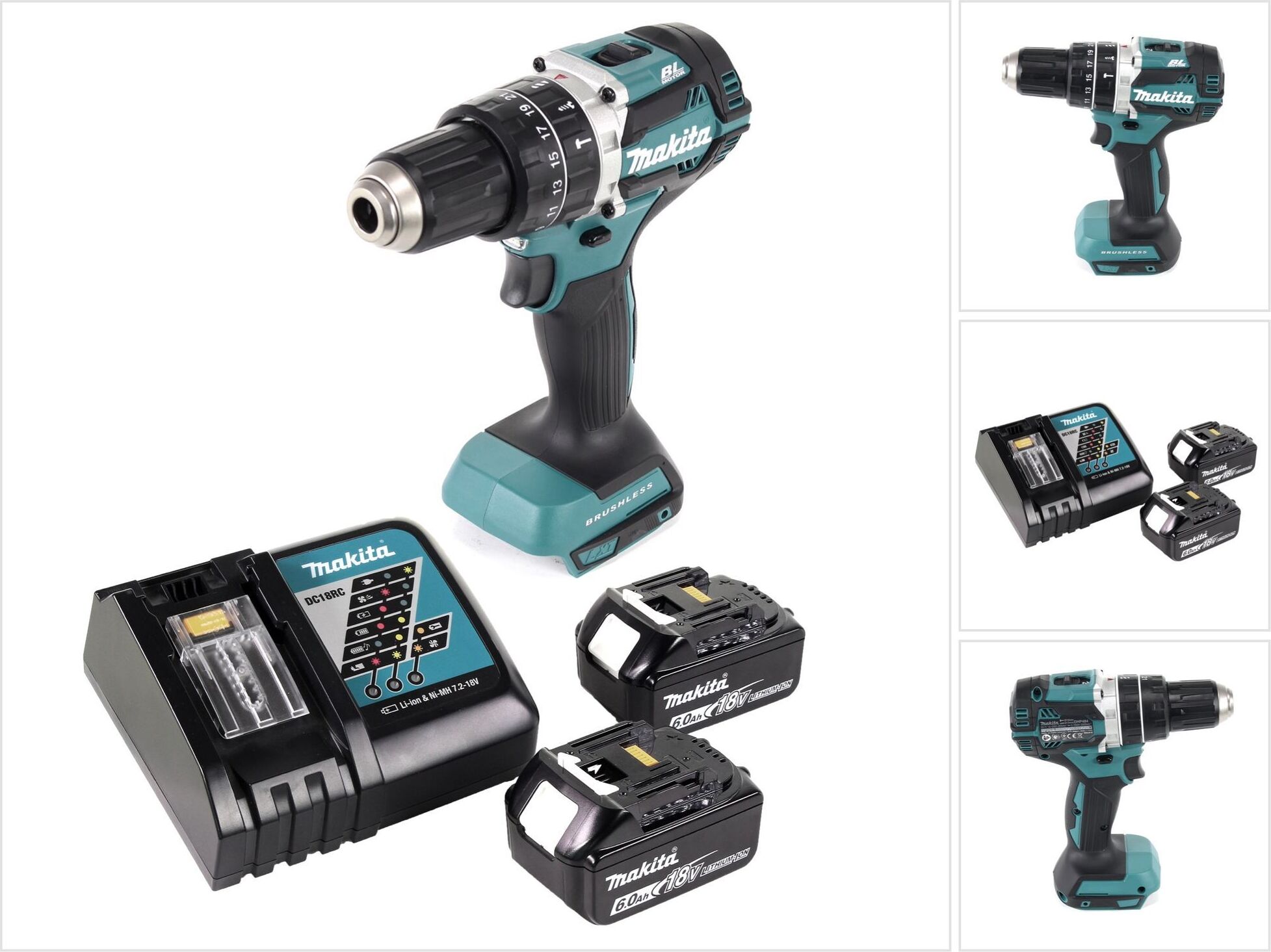 Akumulátorová príklepová vŕtačka Makita DHP 484 RG 18 V 54 Nm bez kefiek + 2x akumulátor 6,0 Ah + nabíjačka