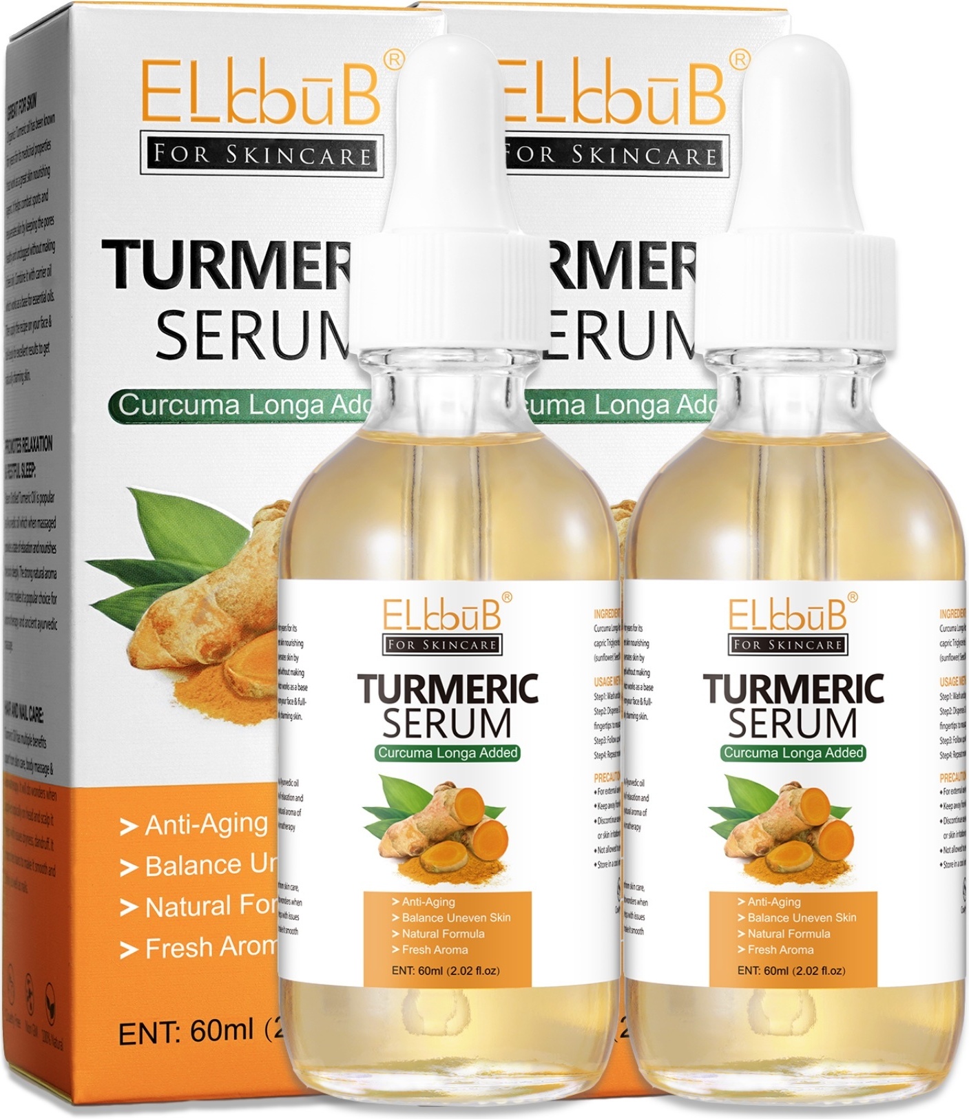 ALIVER Gesichtsserum Turmeric Kurkuma Serum Hyperpigmentation Pigmentflecken Entferner Bio Vegan, 2x 60ml NEW-2708