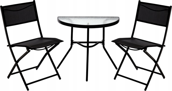 VBChome Balkónový set 3-dielny čierny skladací stôl s polkruhovým stolom z tvrdeného skla Balkónový nábytok Záhradný nábytok 2 osoby Bistro set Konferenčný stolík
