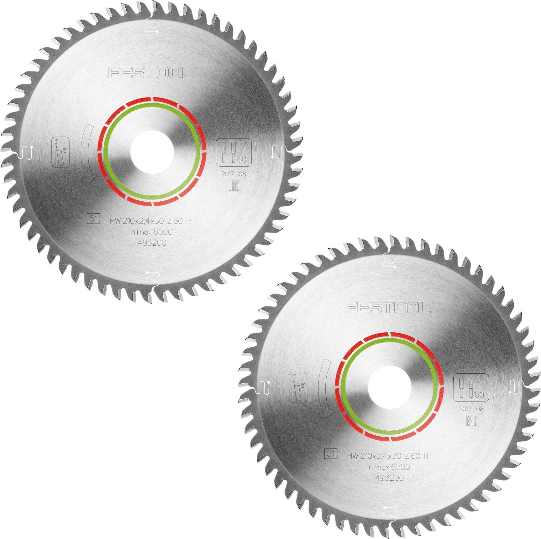 Festool HW 210x2,4x30 TF60 Kreissägeblatt LAMINATE/HPL 2 Stk. ( 2x 493200 ) 210 x 2,4 x 30 mm 60 Zähne für Laminat, beschichtete Platten, Acrylglas, Melaminharzplatten und Mineralwerkstoffe