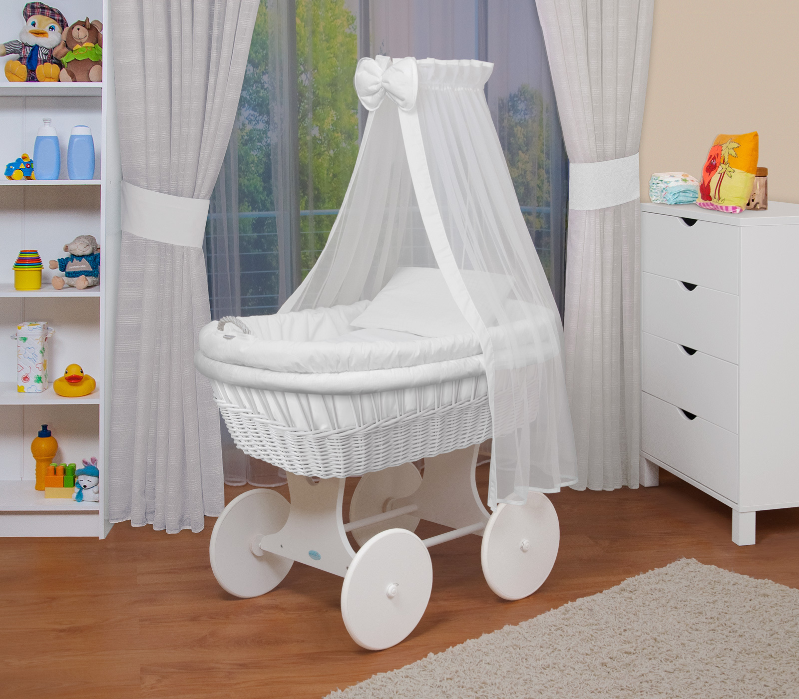 Waldin Baby Stubenwagen-Set mit Ausstattung,XXL,Gestell/Räder weiß lackiert,Weiß 1212-88w
