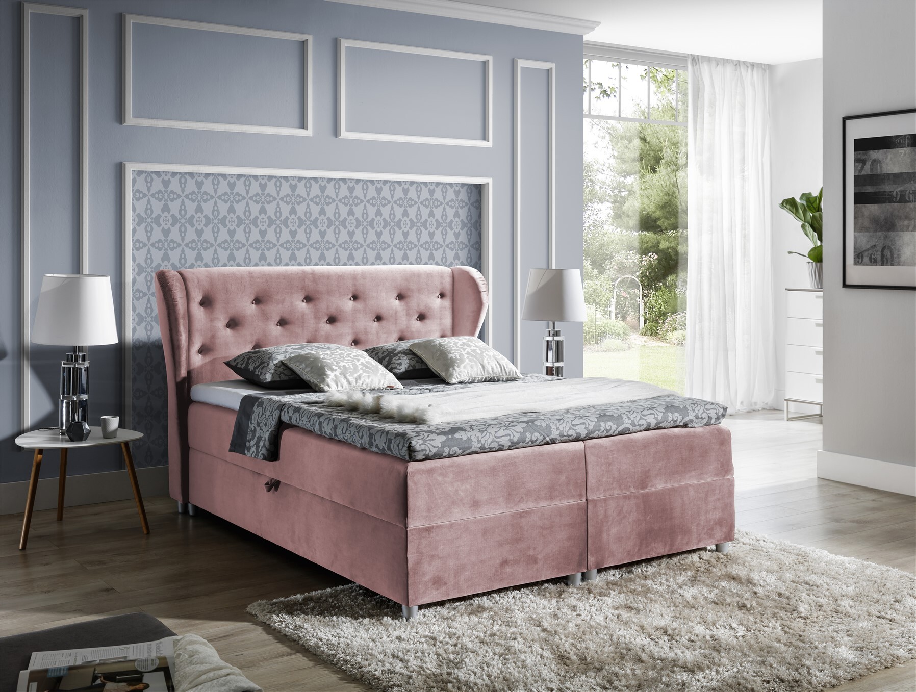 Fun-Möbel Boxspringbett Schlafzimmerbett ARIANNA 180x200cm Stoff Solonrose